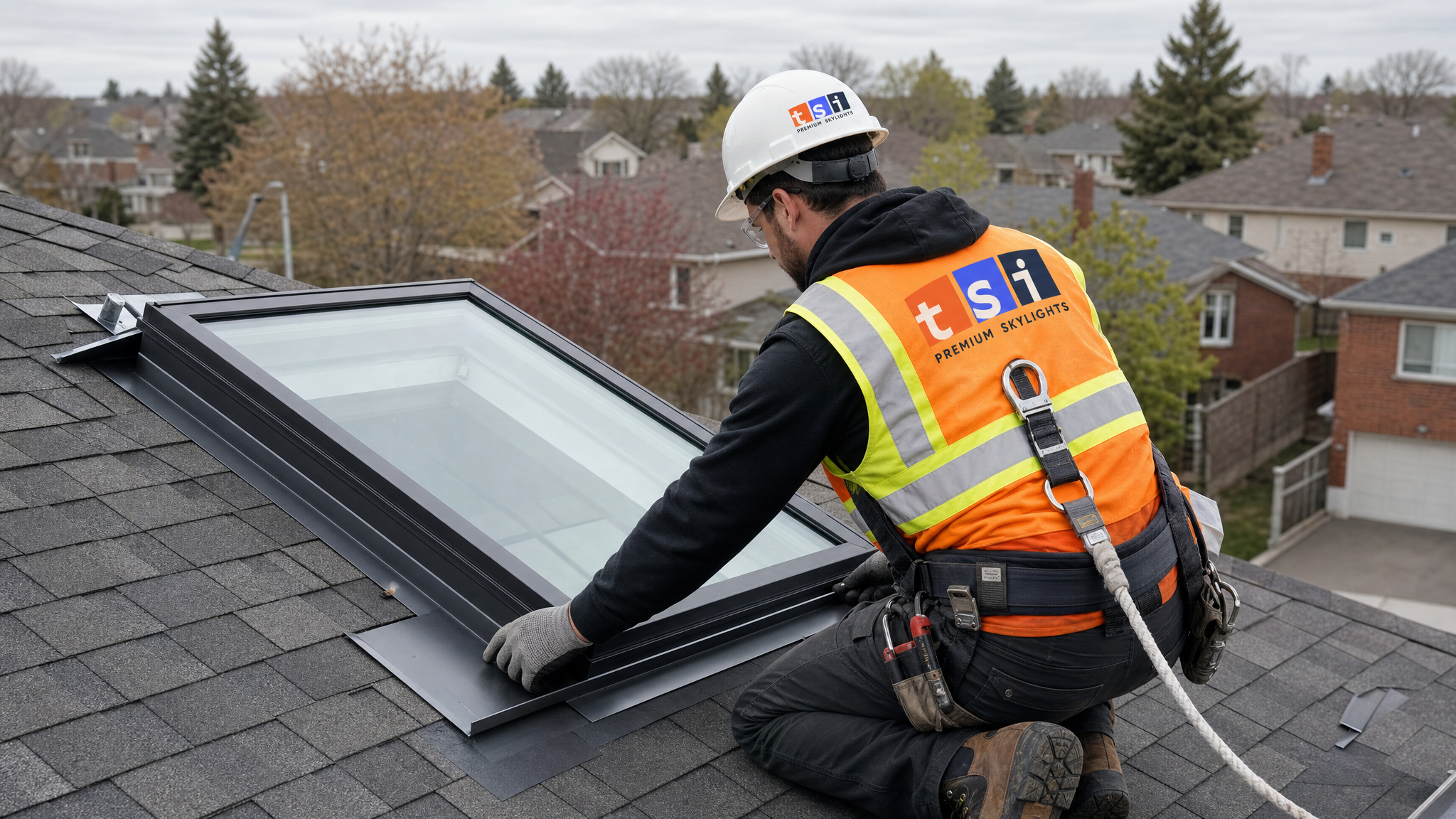 Skylight installer on a Toronto residential roof fitting a new VELUX skylight while wearing a fall-protection harness