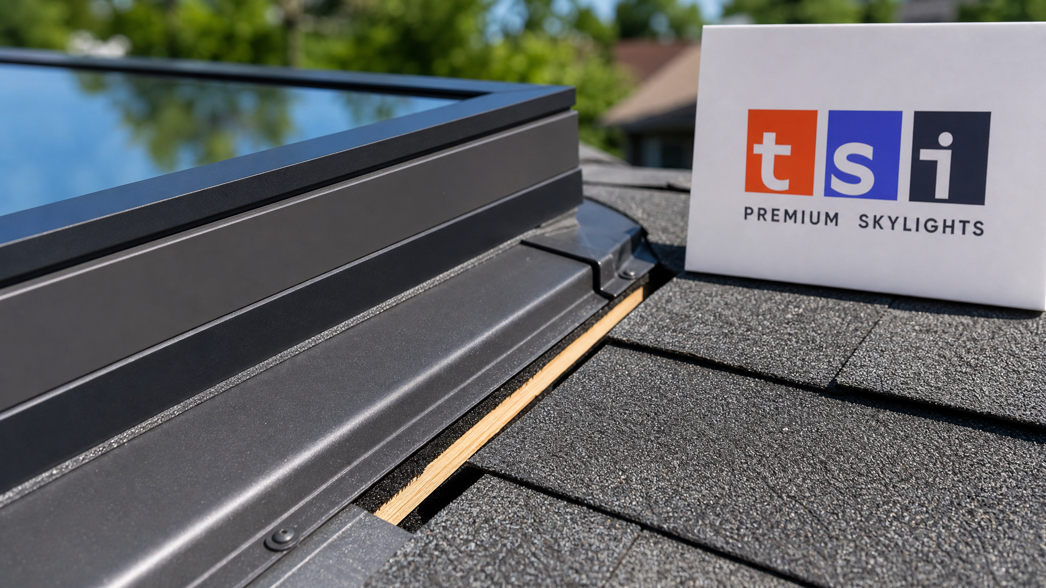 Close-up of a VELUX skylight frame edge and flashing showing the rough opening gap and seal detail