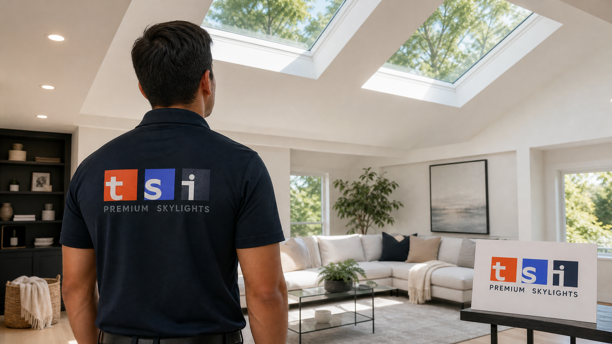 VELUX skylight sizes shown as bright skylights in a renovated Toronto living room ceiling on a summer day