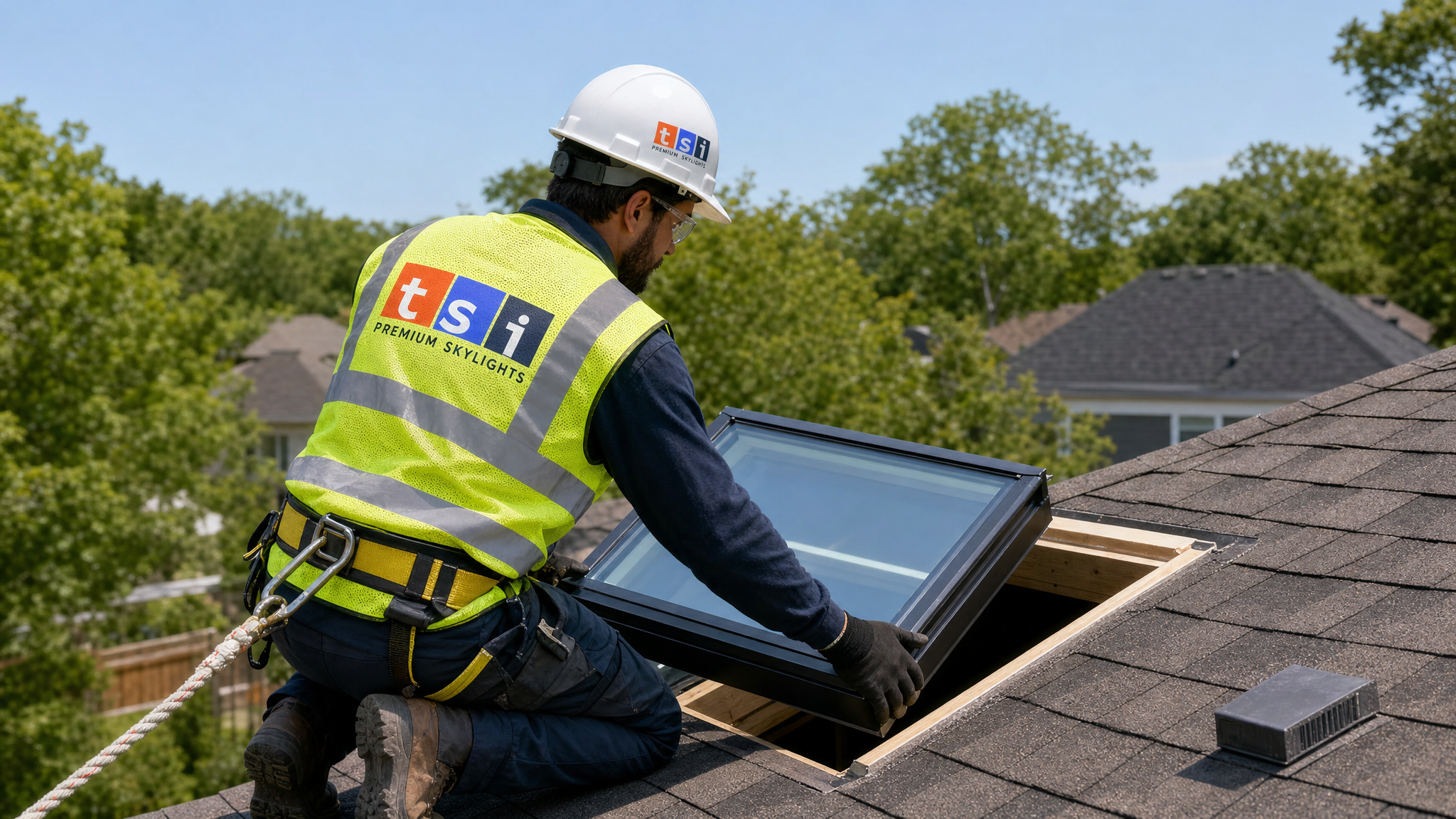 Installer wearing a fall-protection harness fitting a VELUX skylight into a sized rough opening on a Toronto roof