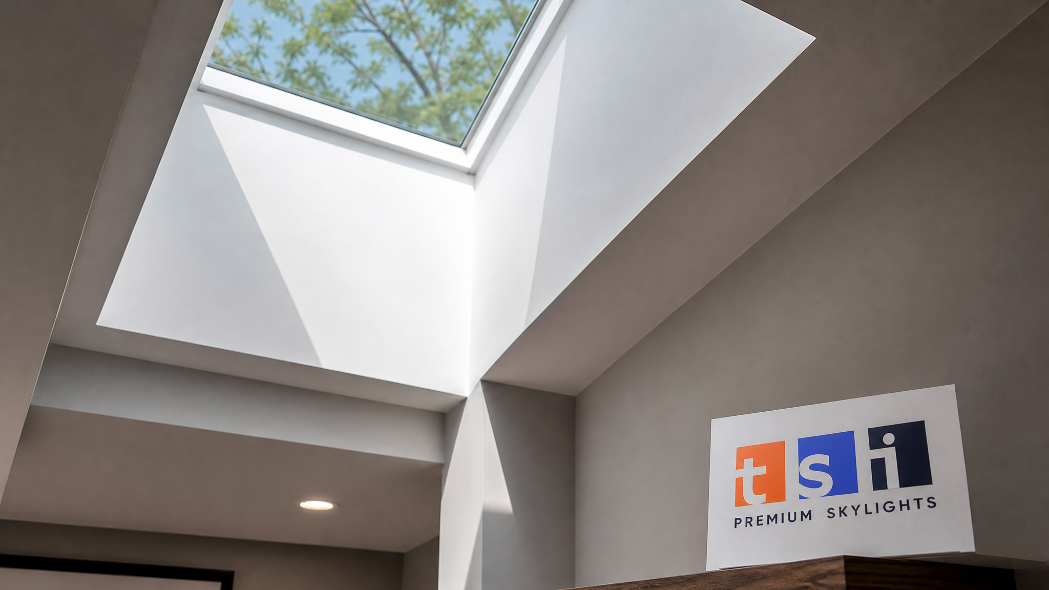 Close-up detail of a light shaft and skylight interior bringing daylight down into a finished below-grade Toronto room