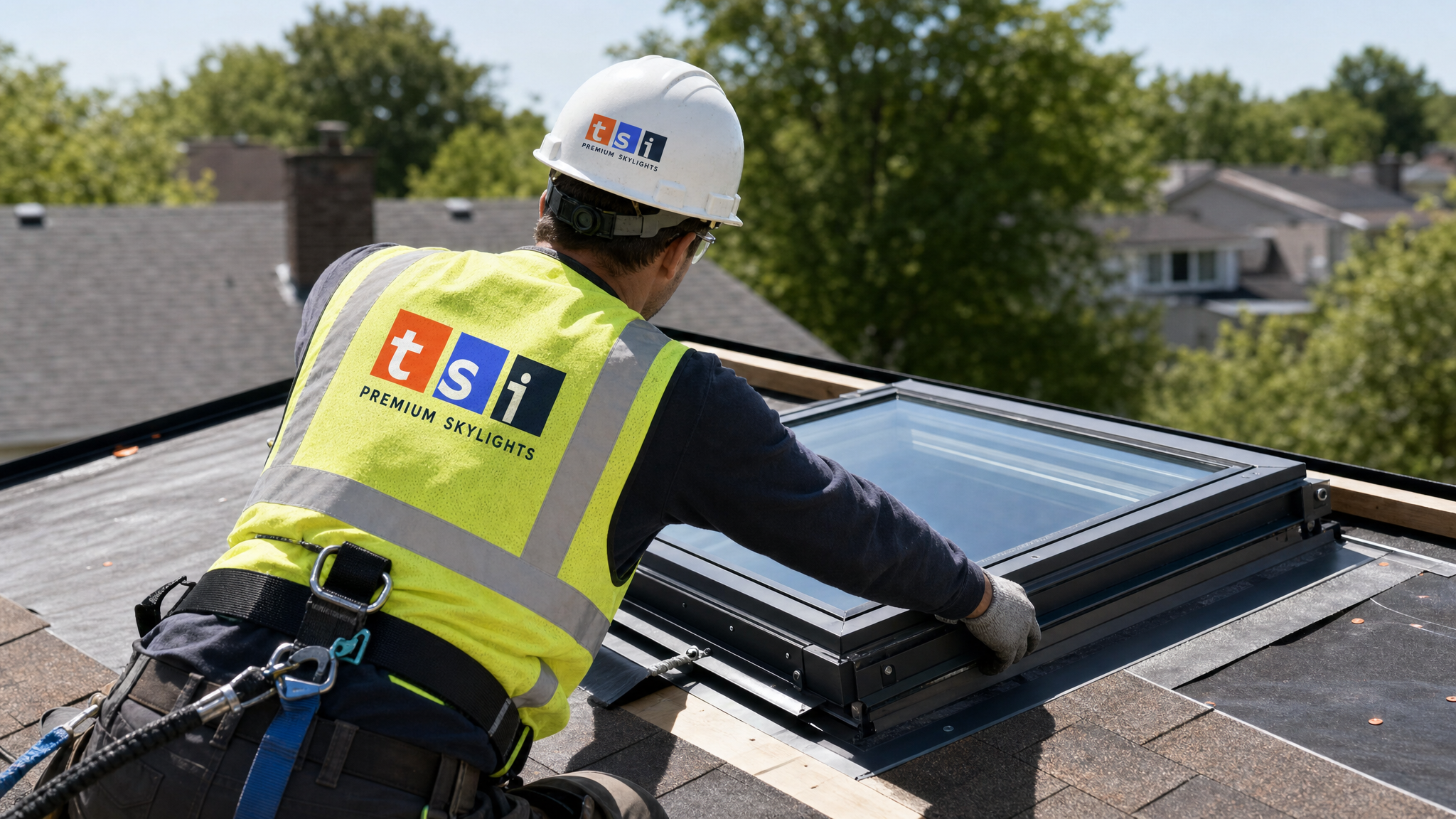 Skylight installer wearing a fall-protection harness fitting a VELUX roof window on a low residential roof above a Toronto walk-out basement