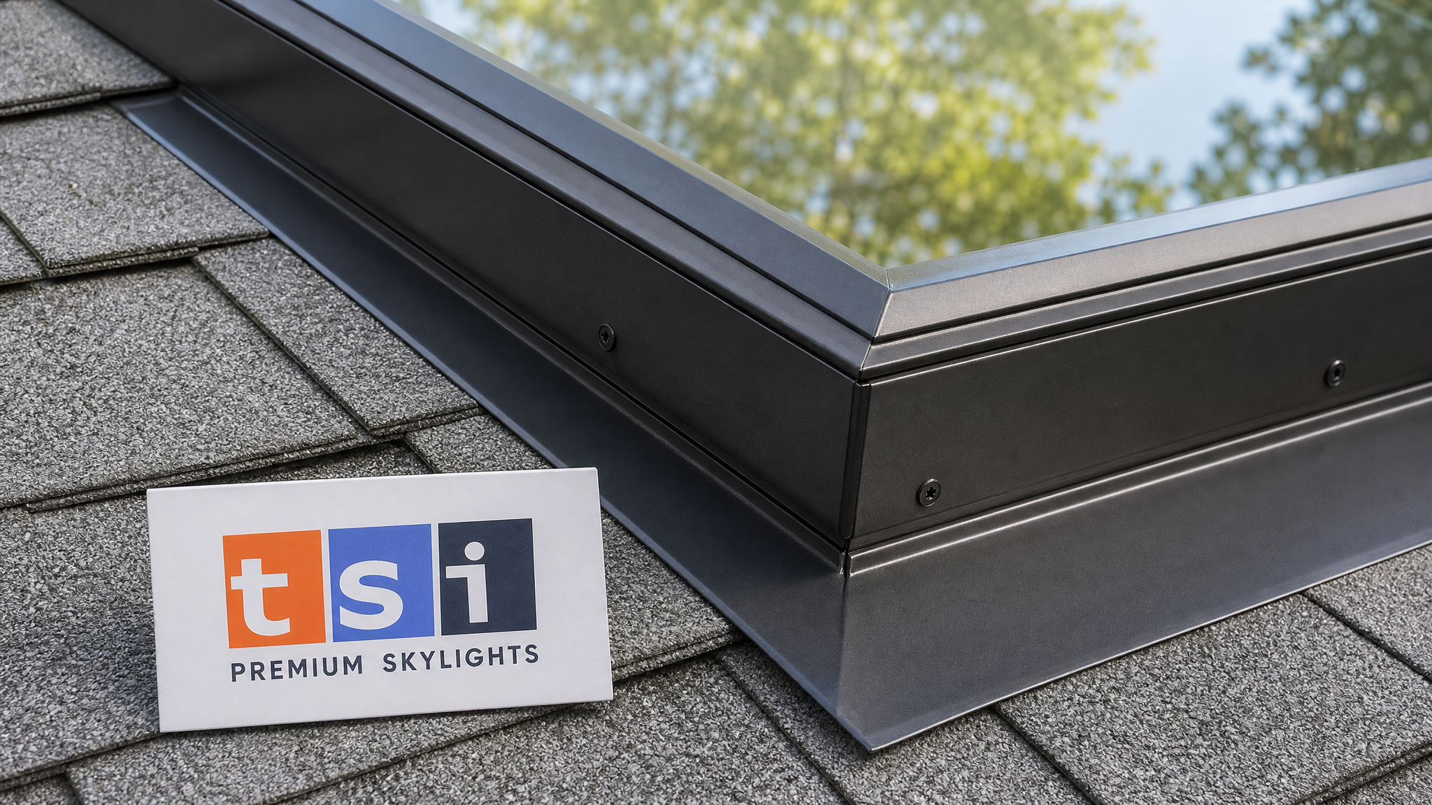 Close-up detail of a VELUX skylight flashing kit sealed against asphalt shingles on a Toronto roof