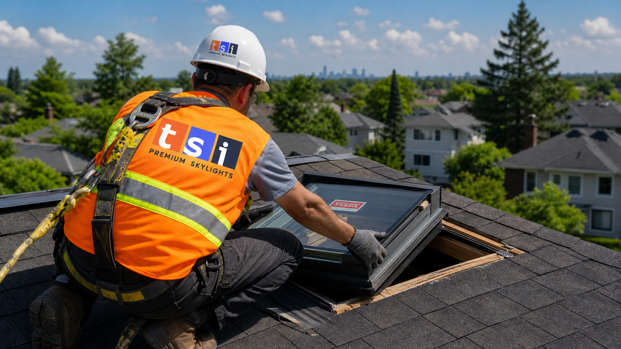 Skylight installer in a fall-protection harness fitting a VELUX skylight on a Toronto residential roof