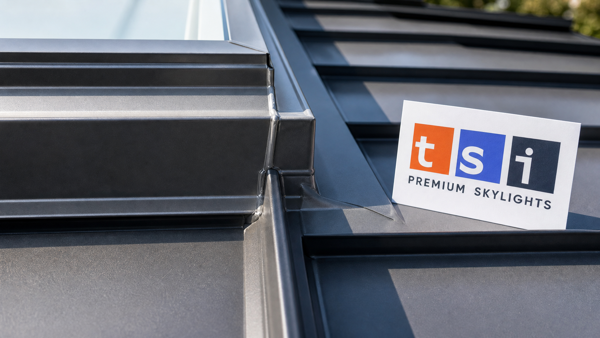 Close-up of profile-specific flashing sealing a skylight curb against standing-seam metal panels