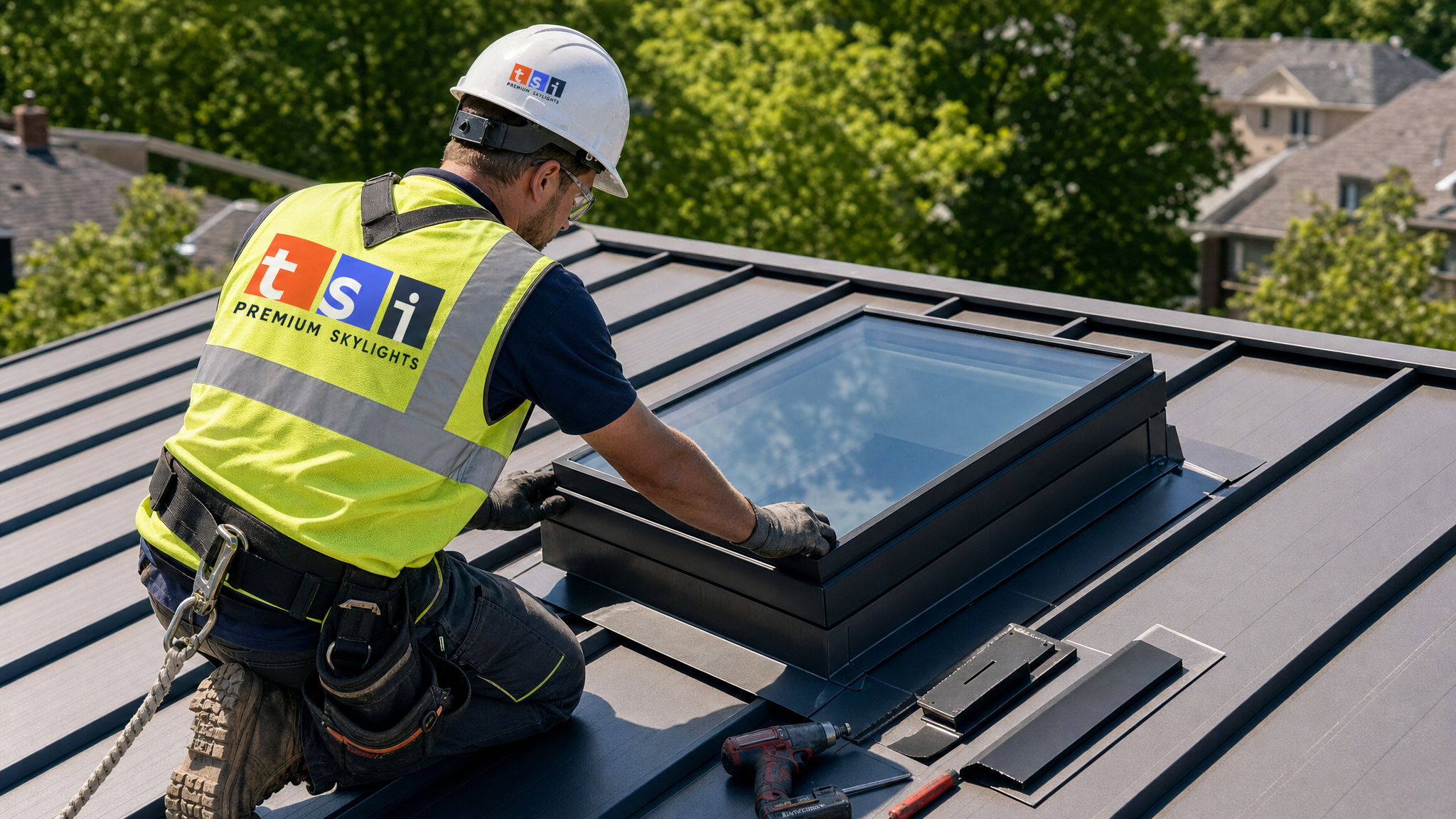 Skylight installer on a Toronto metal roof fitting a VELUX skylight while wearing a fall-protection harness