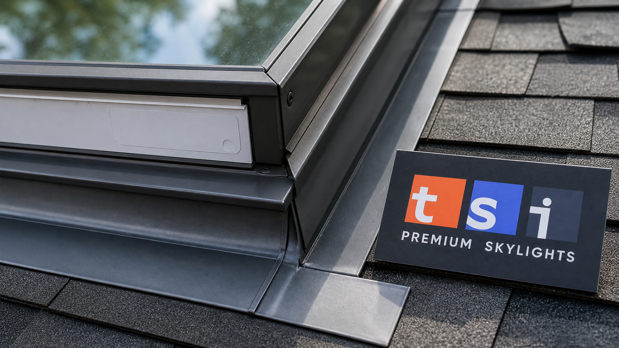 Close-up of a VELUX skylight frame data plate and flashing seam used to verify warranty coverage