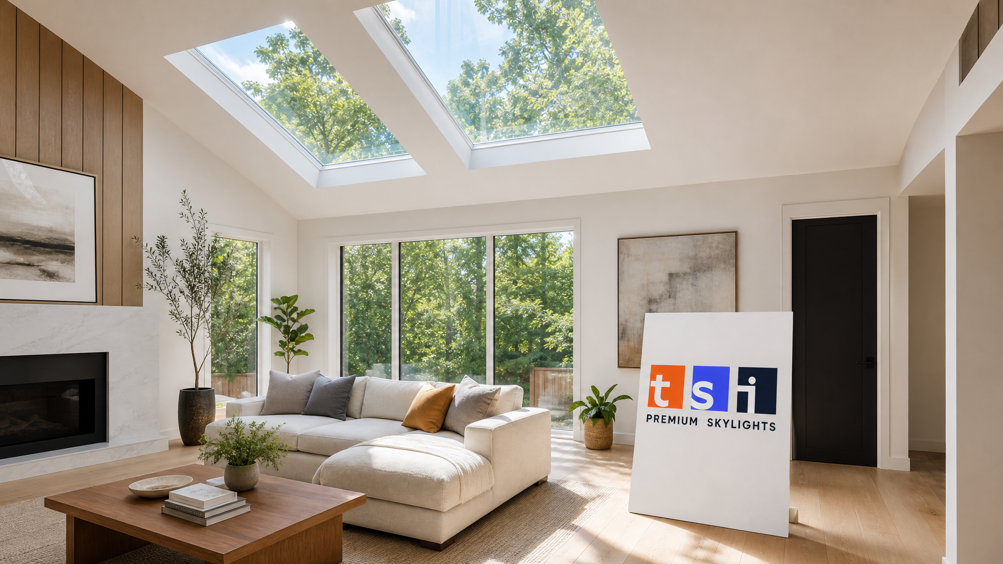 VELUX skylight warranty coverage shown by bright skylights in a sunlit Toronto living room ceiling