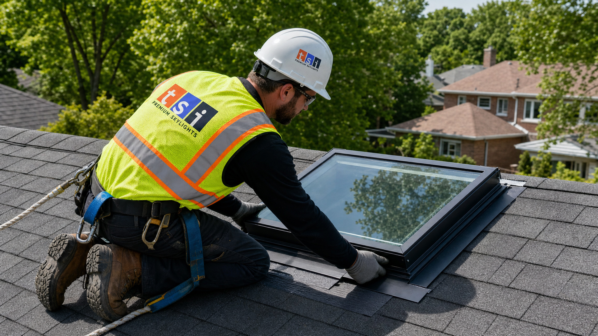 Certified installer fitting a VELUX skylight on a Toronto roof while wearing a fall-protection harness