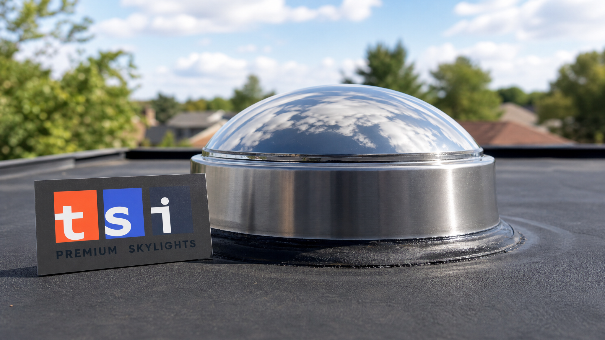 Close-up detail of a VELUX sun tunnel flashing collar and dome seal on a low-slope Toronto roof membrane