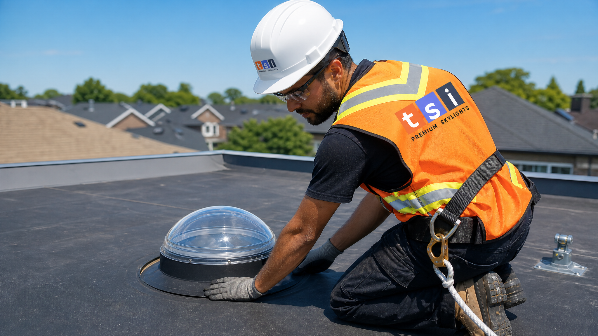 Toronto Skylight Installers technician in full PPE installing a VELUX sun tunnel on a low-slope residential roof in summer