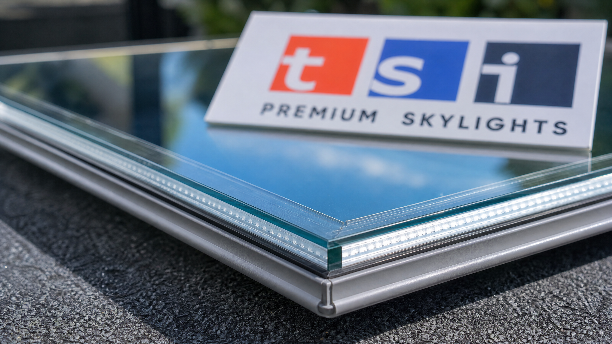Close-up detail of south-facing skylight spectrally selective low-e glazing edge seal and aluminium frame, showing the multi-layer insulating glass unit construction with argon gas fill