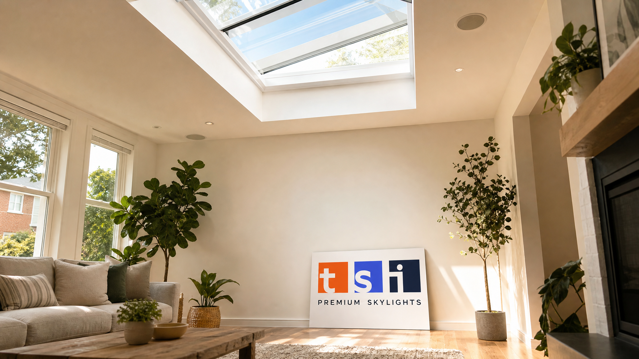 South facing skylight with low-e glass installed in a Toronto home living room, bright summer daylight streaming in without excess heat gain