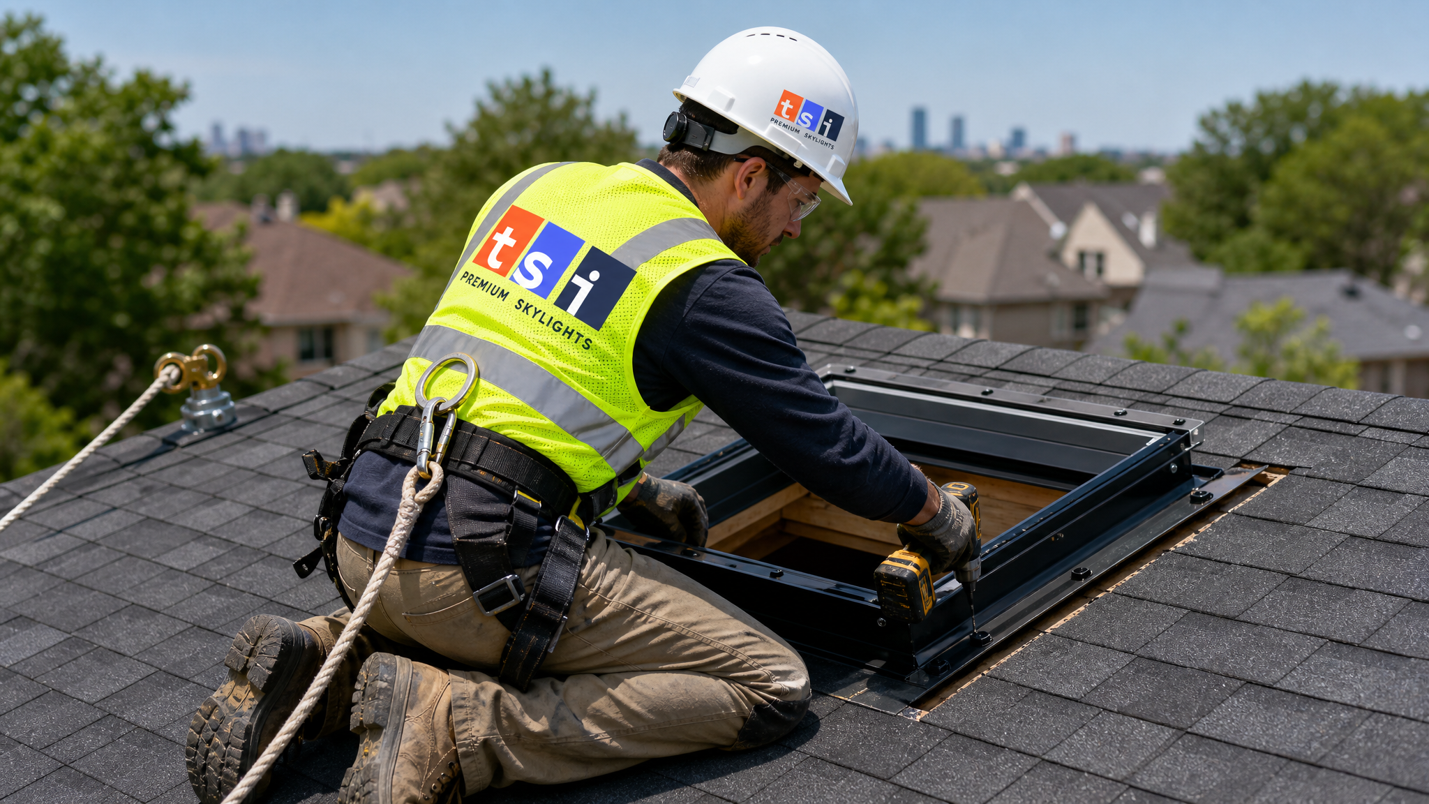 Toronto Skylight Installers technician in hard hat, high-visibility vest, safety glasses, gloves, steel-toe boots and fall-protection harness installing a south-facing skylight unit on a Toronto residential pitched roof in summer