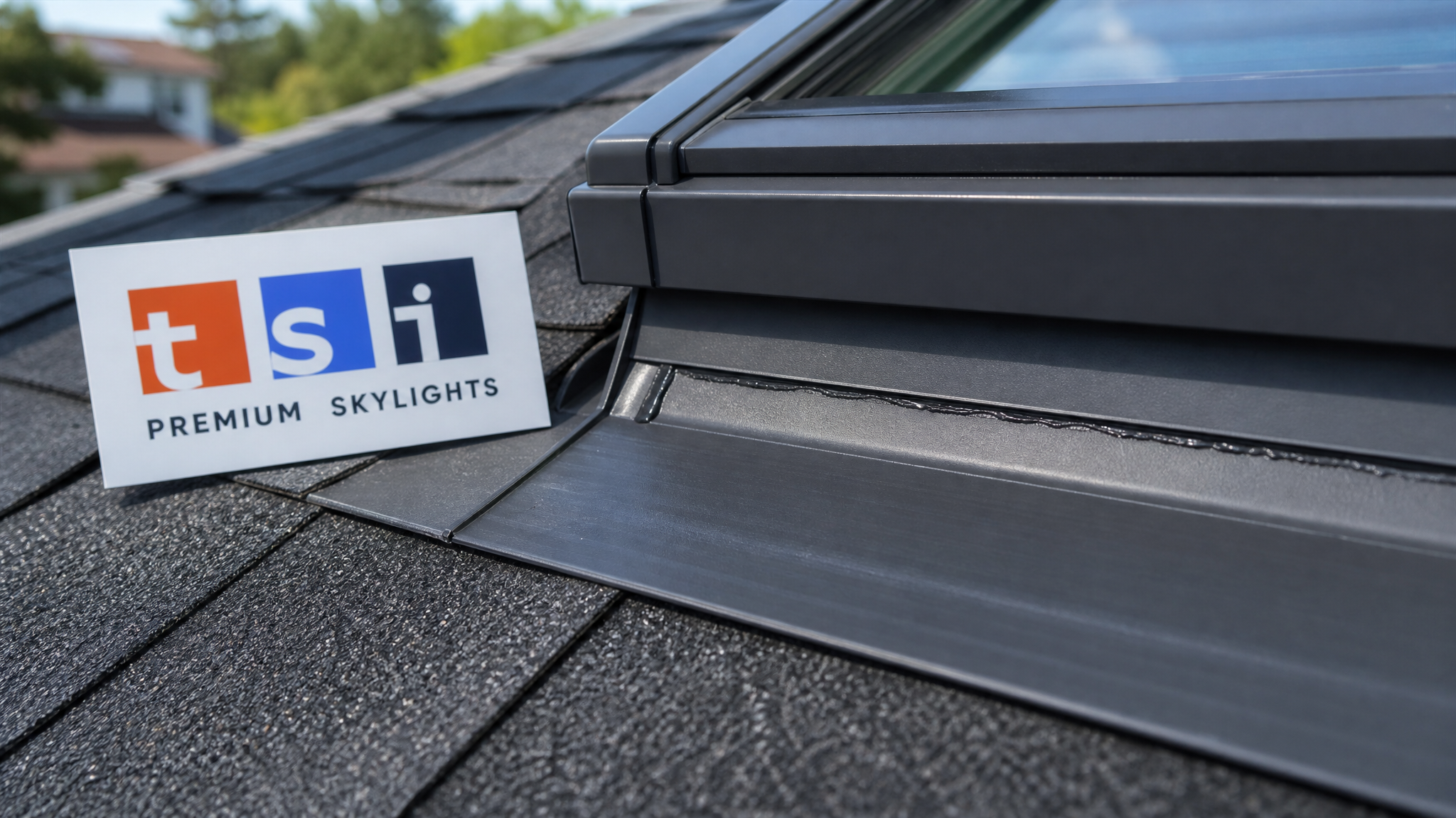 Close-up detail of VELUX skylight flashing and weatherseal installed on a Toronto loft roof, showing precision fitting at the shingle-to-frame junction