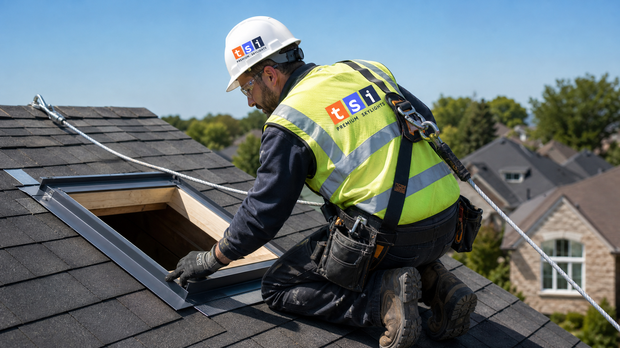 Toronto Skylight Installers certified technician installing a sloped ceiling loft skylight on a Toronto residential roof, wearing full safety PPE including hard hat and fall-protection harness