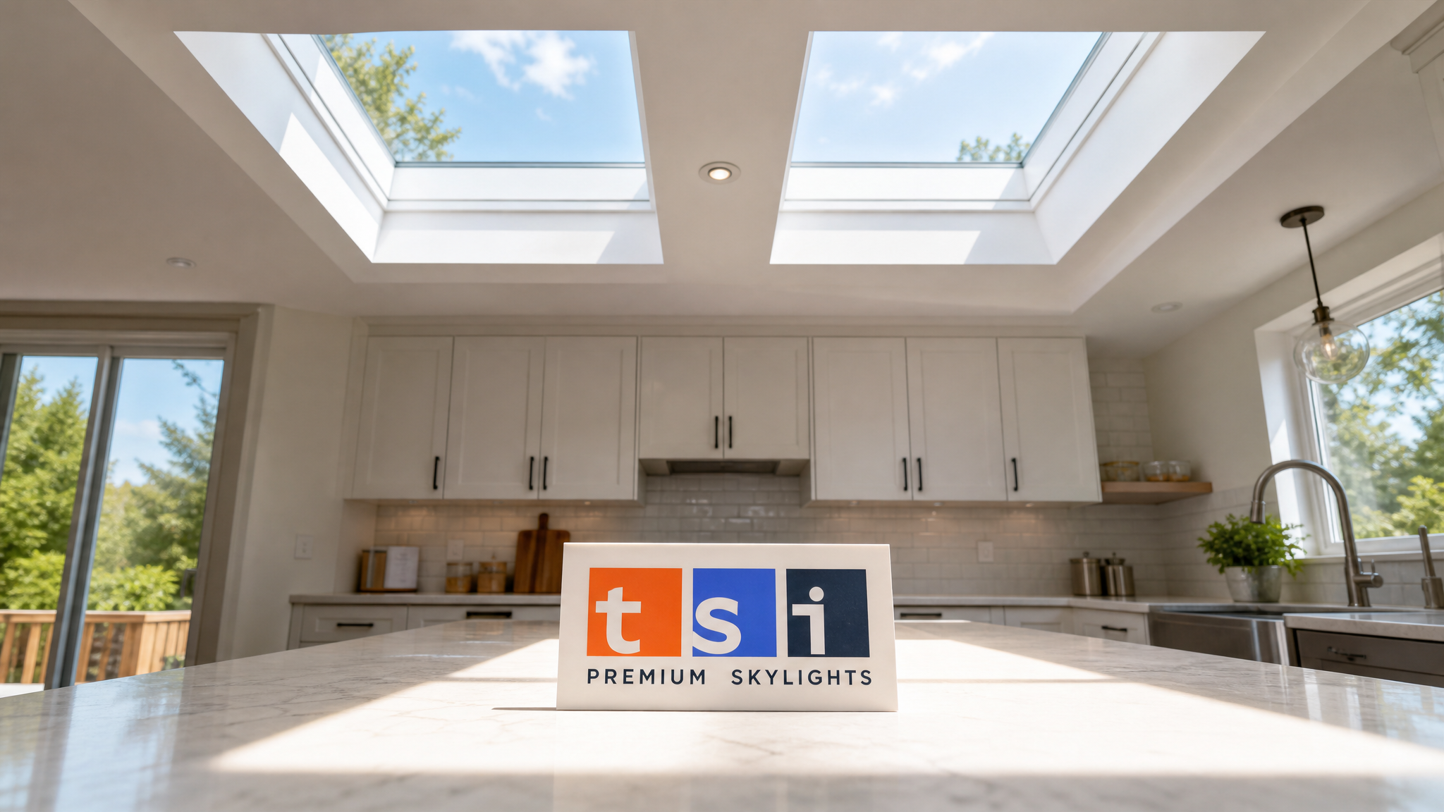 Close-up interior view of dual VELUX skylight frames aligned above a kitchen island, two parallel pools of warm summer light on the counter surface