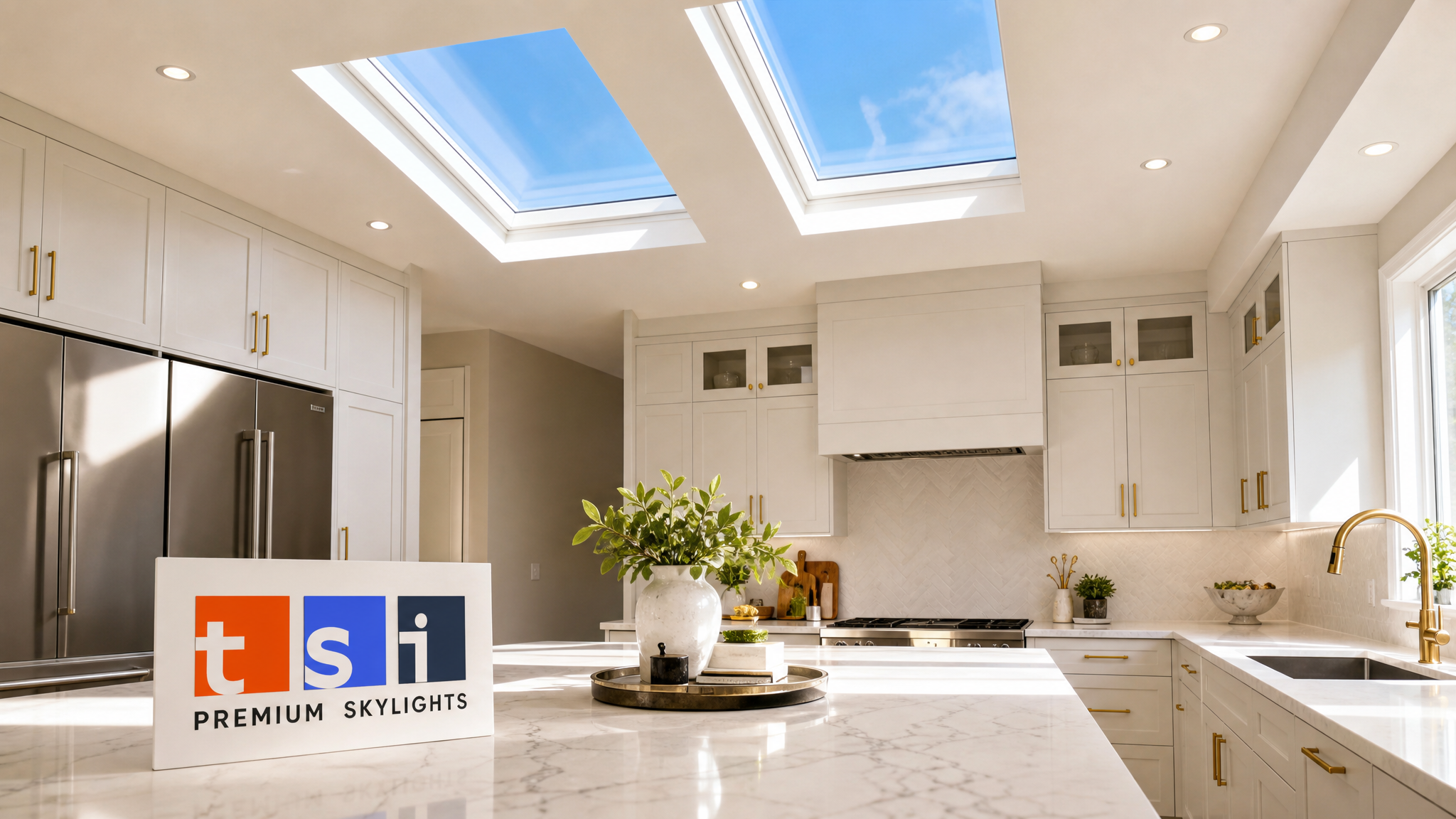 Two VELUX skylights centred above a kitchen island in a Toronto home, summer blue sky visible through glass, warm natural light flooding the prep surface