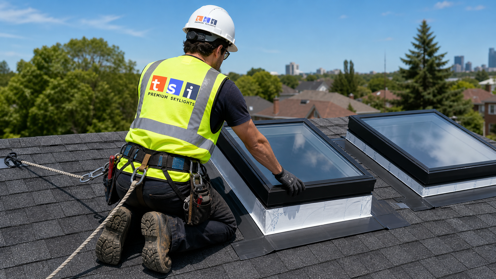 Skylight installer in full PPE on a Toronto residential roof installing the second VELUX skylight beside a completed first unit in summer daylight