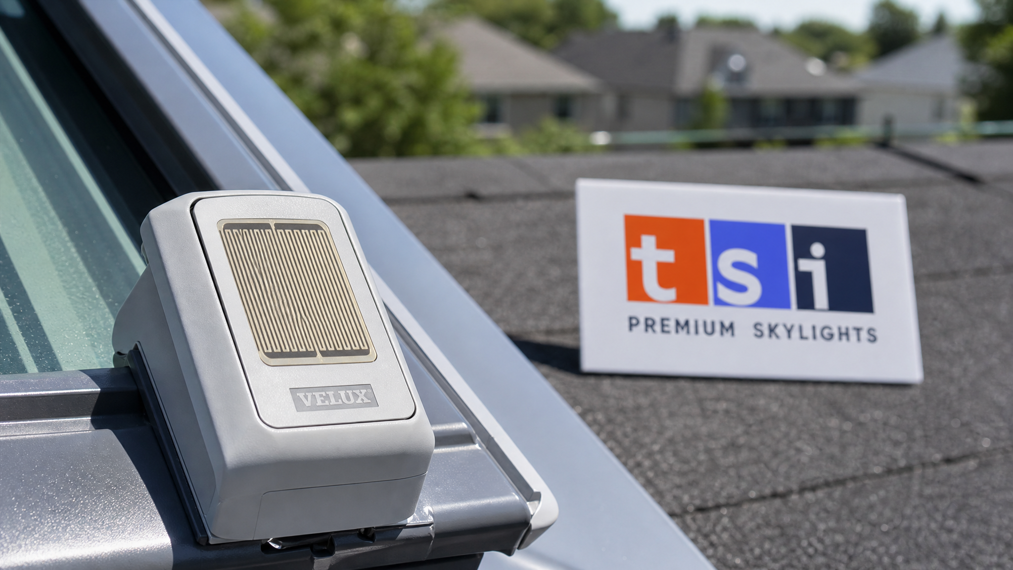 Close-up of a VELUX rain sensor module mounted on a fresh-air skylight frame, showing electrode grid and housing detail in summer daylight