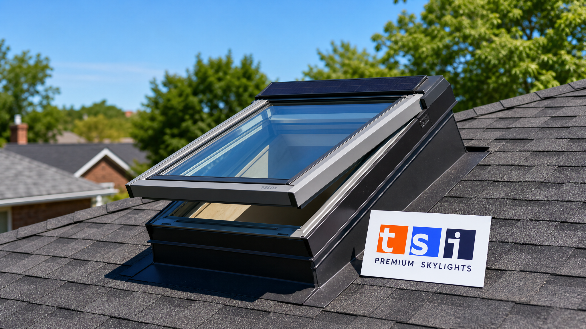 VELUX rain sensor skylight toronto installed on a Toronto suburban home roof, open on a bright summer day with blue sky