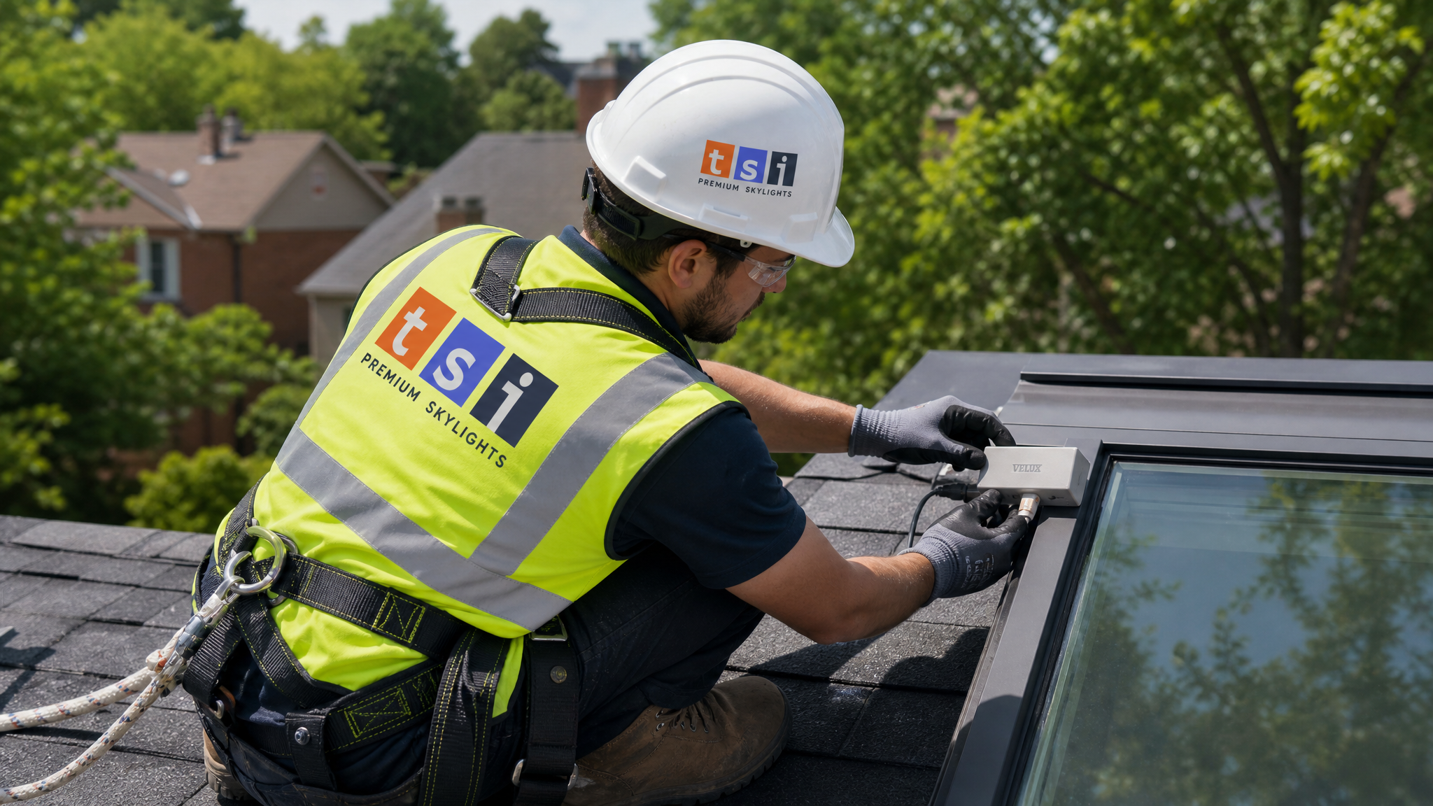 Toronto Skylight Installers technician installing a VELUX rain sensor module on a residential skylight on a Toronto suburban roof in summer