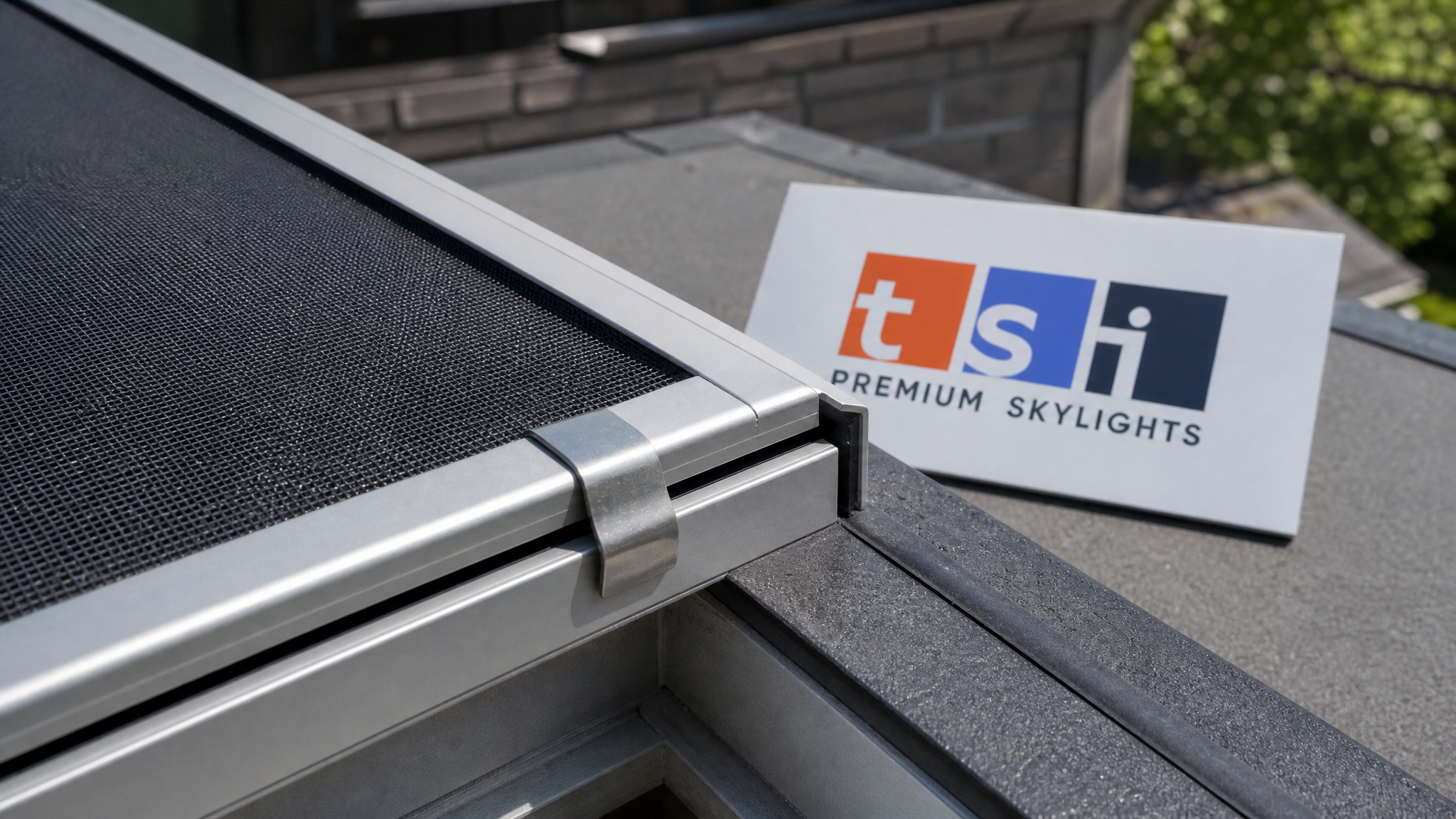 Close-up detail of skylight insect screen mesh and aluminium frame showing tight weave and secure fastening clips