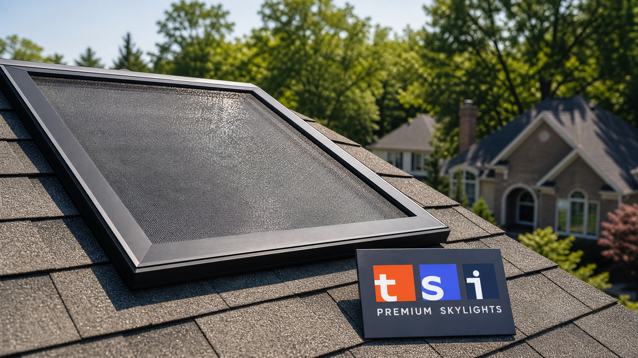 Skylight insect screen toronto installation complete on residential pitched roof with summer daylight filtering through