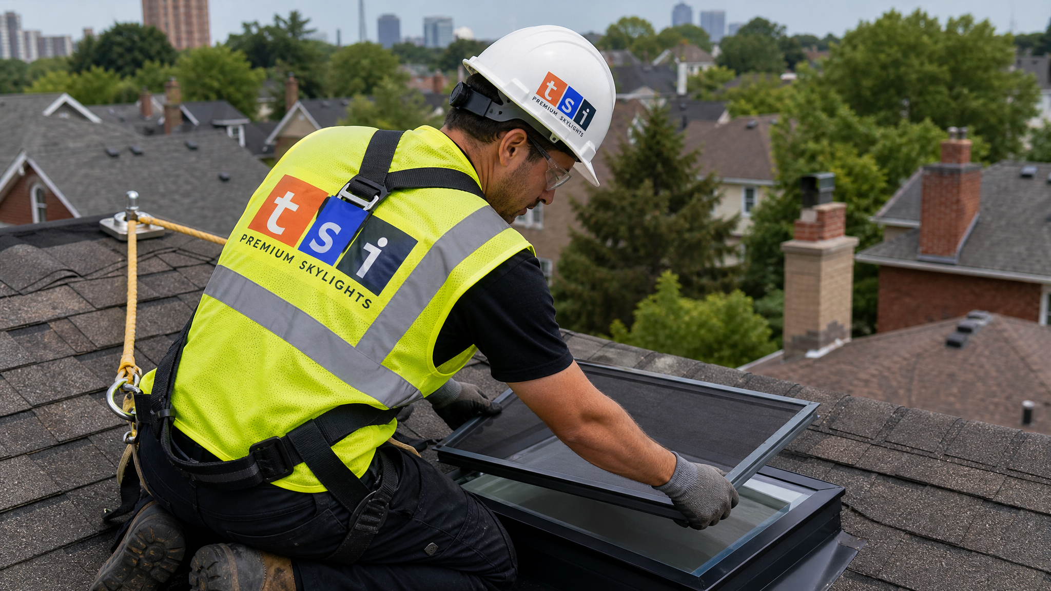 Toronto Skylight Installers technician fitting skylight insect screen on residential roof in GTA wearing full safety PPE
