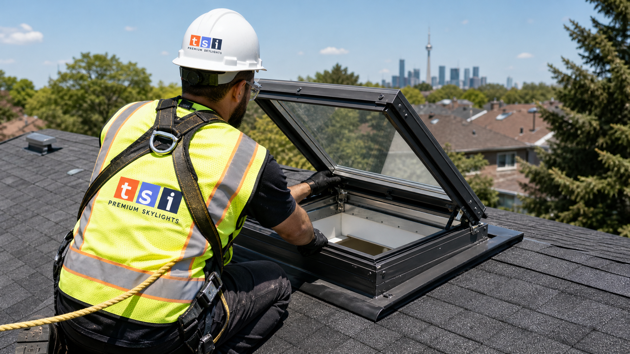 Installer in full safety harness fitting a vented skylight for skylight ventilation summer cooling toronto project on a GTA roof