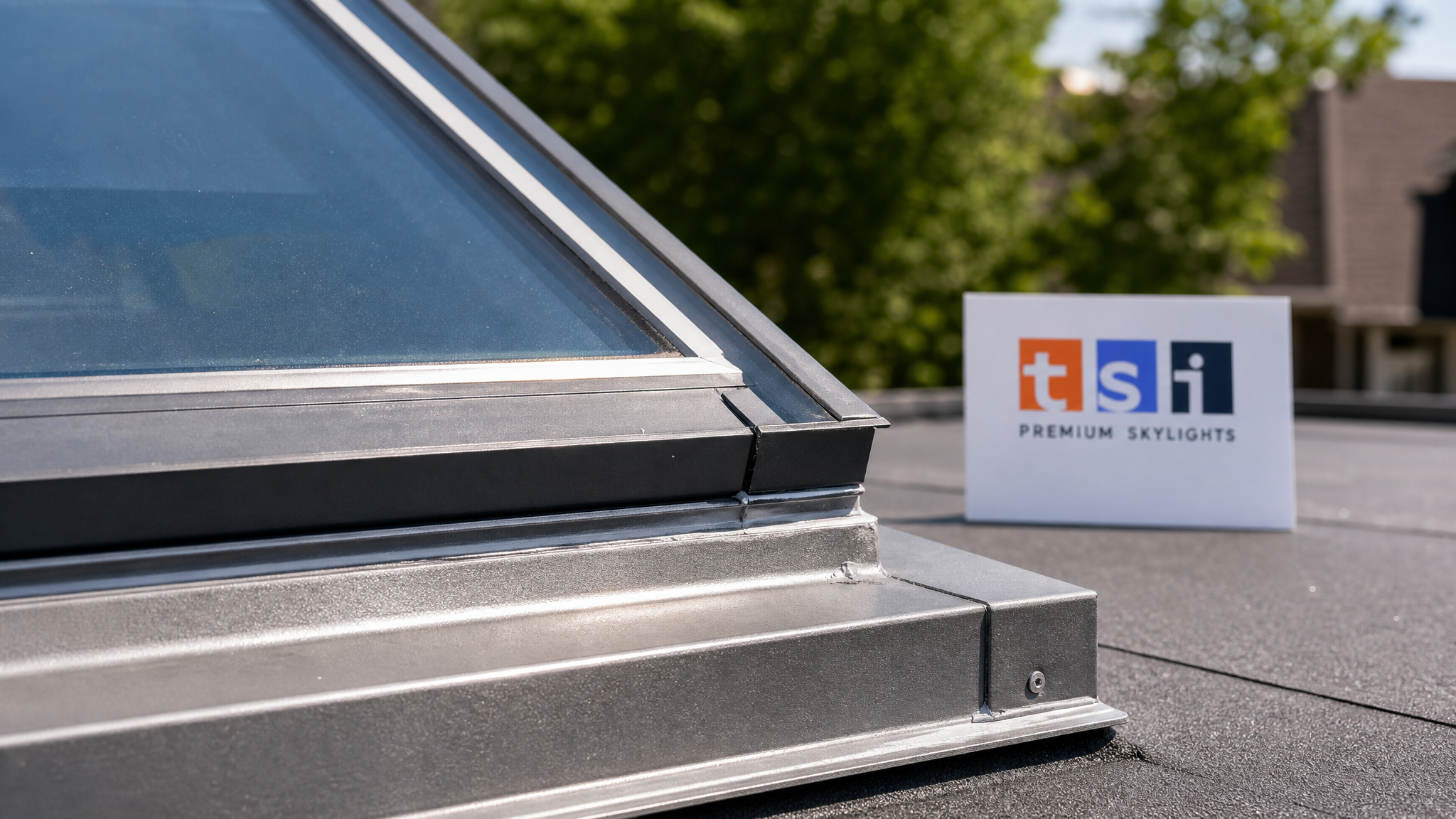 Close-up of weatherproof flashing and sealed glazing joint on a pyramid skylight Toronto installation