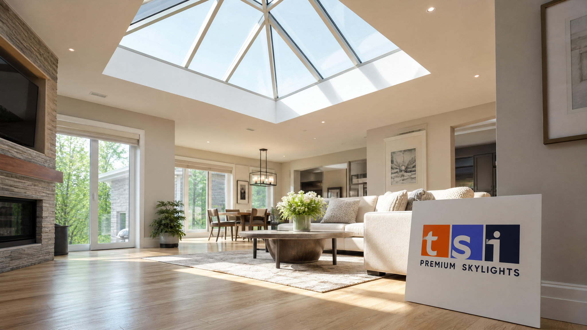 Finished pyramid skylight Toronto installation glowing with summer daylight over a bright vaulted living room