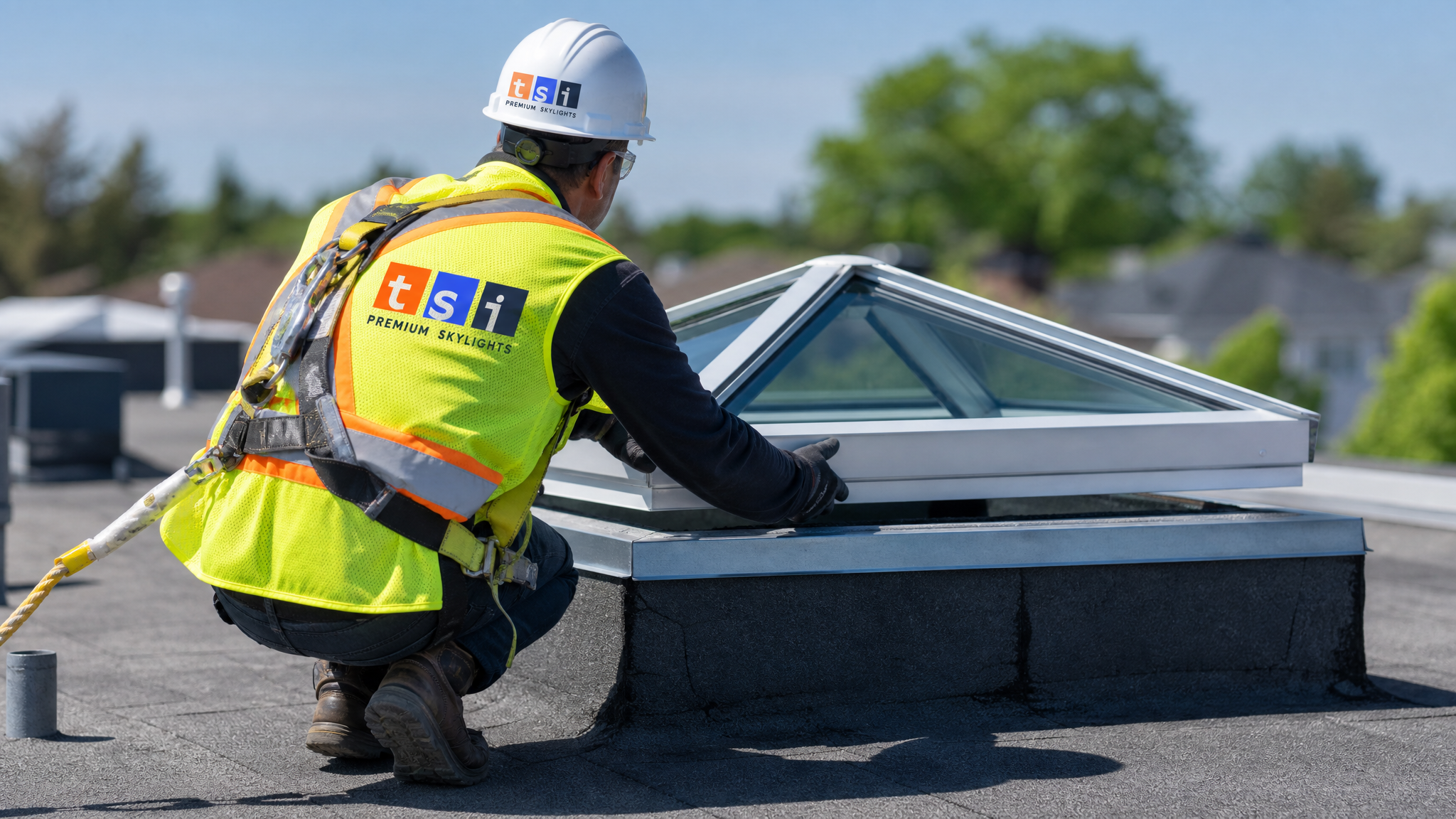 Installer in full safety harness fitting a pyramid skylight Toronto frame onto a roof curb in summer sunlight