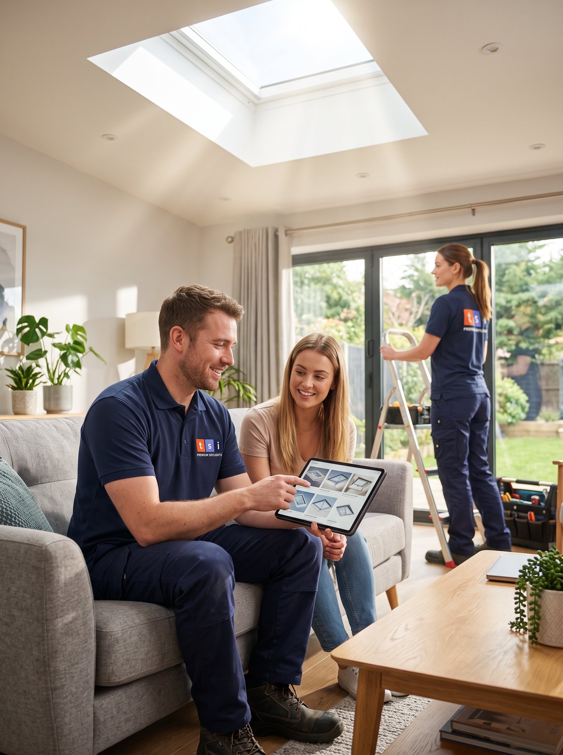 Skylight Consultation for Toronto Homeowners TSI installer consulting with Toronto homeowners about skylight options on a tablet