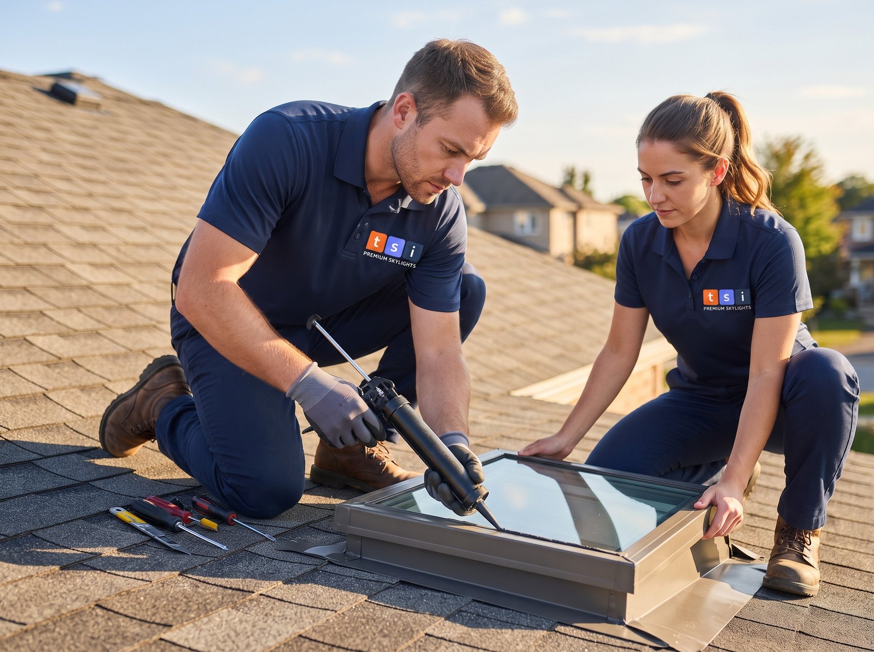 Installing Skylight Panel Toronto TSI installers sealing a new glass skylight panel on a Toronto home roof