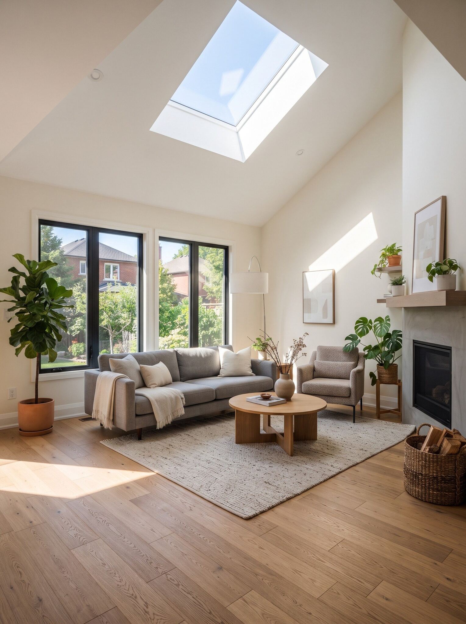 Living Room Skylight Installation Toronto Bright modern Toronto living room with a large vaulted ceiling skylight