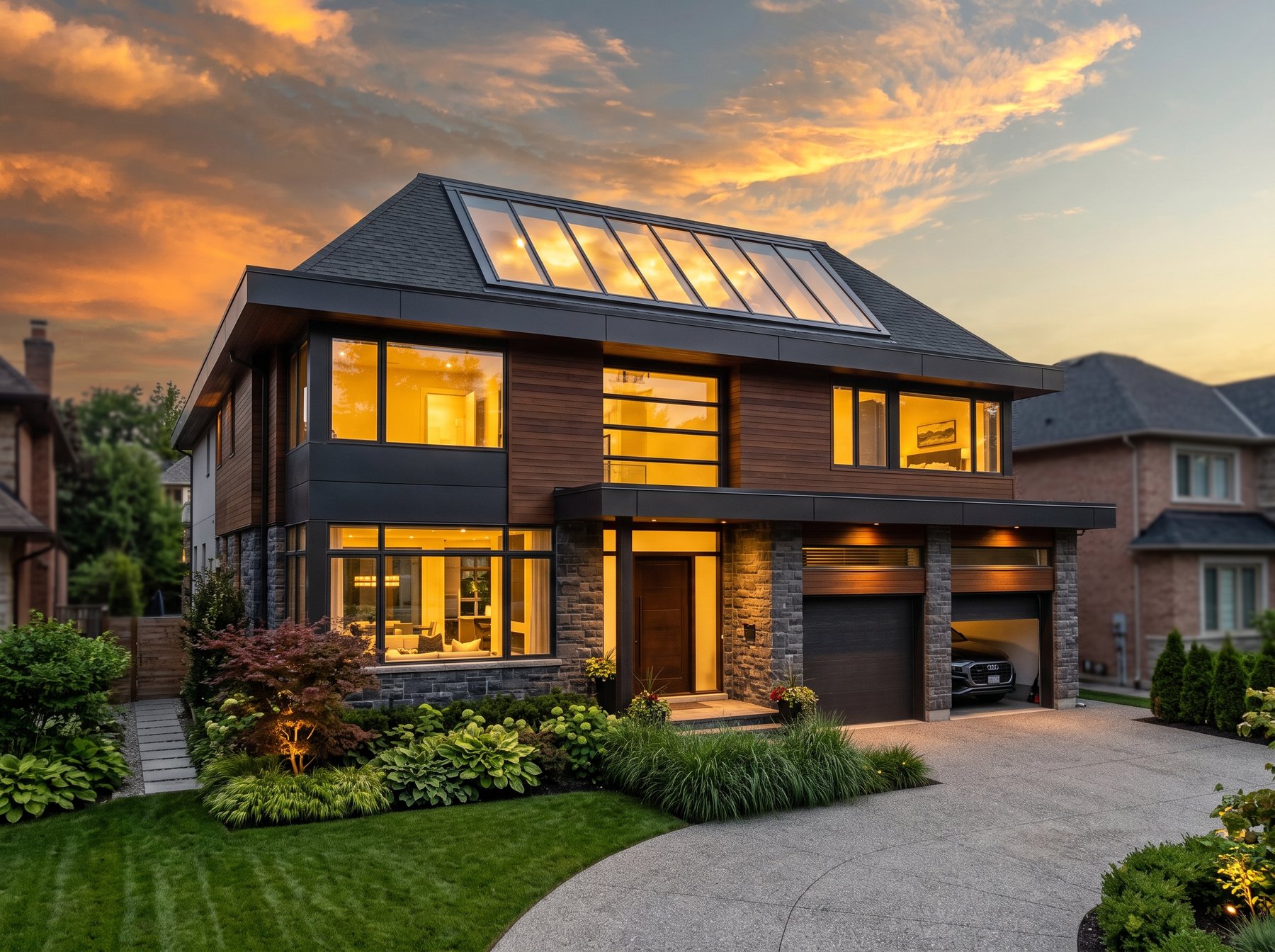 Toronto-Skylight-Installers-skylight-repairs-replacement-October.30.2024-5 Modern Toronto home exterior at dusk showcasing a roof skylight