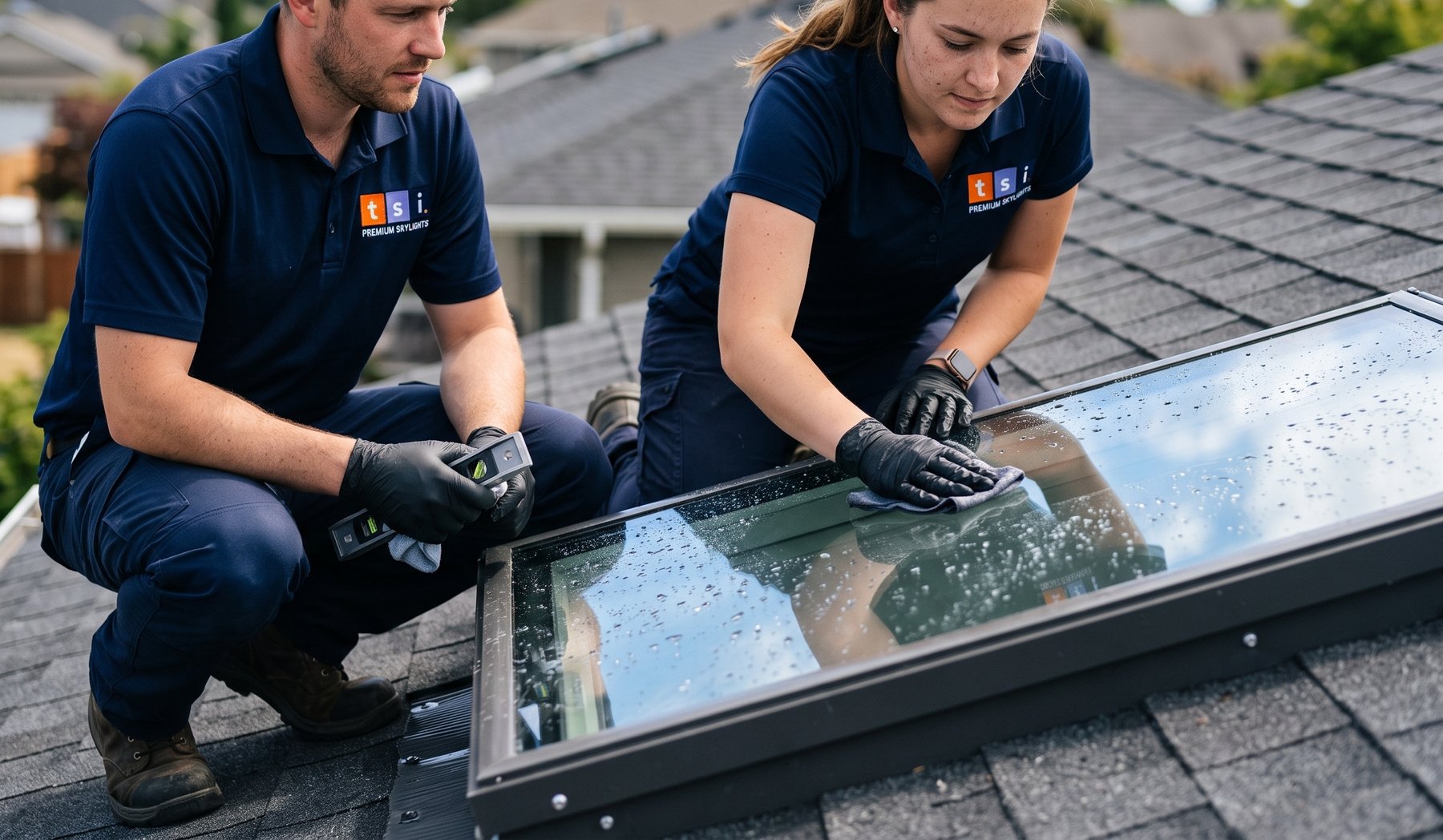 Toronto-Skylight-Installers-skylight-repairs-replacement-October.30.2024-5 TSI installers inspecting and cleaning a newly installed skylight glass panel
