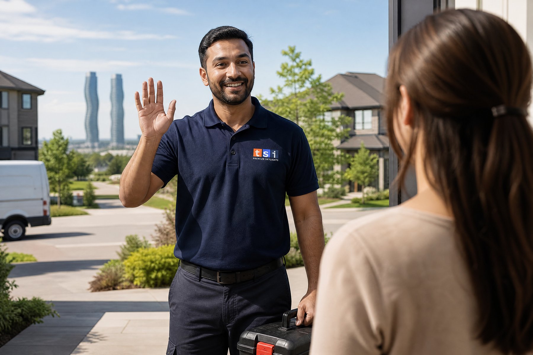 Toronto-Skylight-Installers-skylight-repairs-replacement-October.30.2024-5 Friendly TSI team member connecting with a customer in Mississauga
