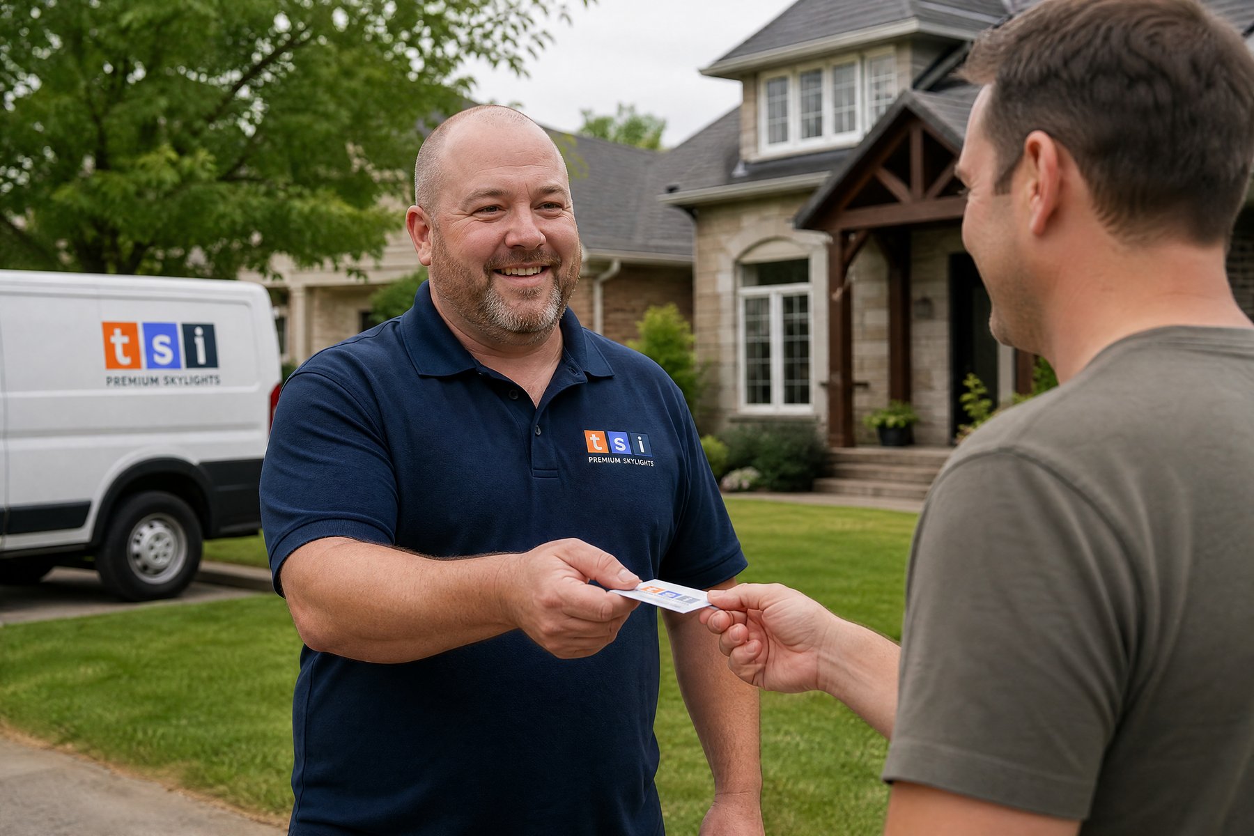 Toronto-Skylight-Installers-skylight-repairs-replacement-October.30.2024-5 Friendly TSI team member connecting with a customer in Aurora