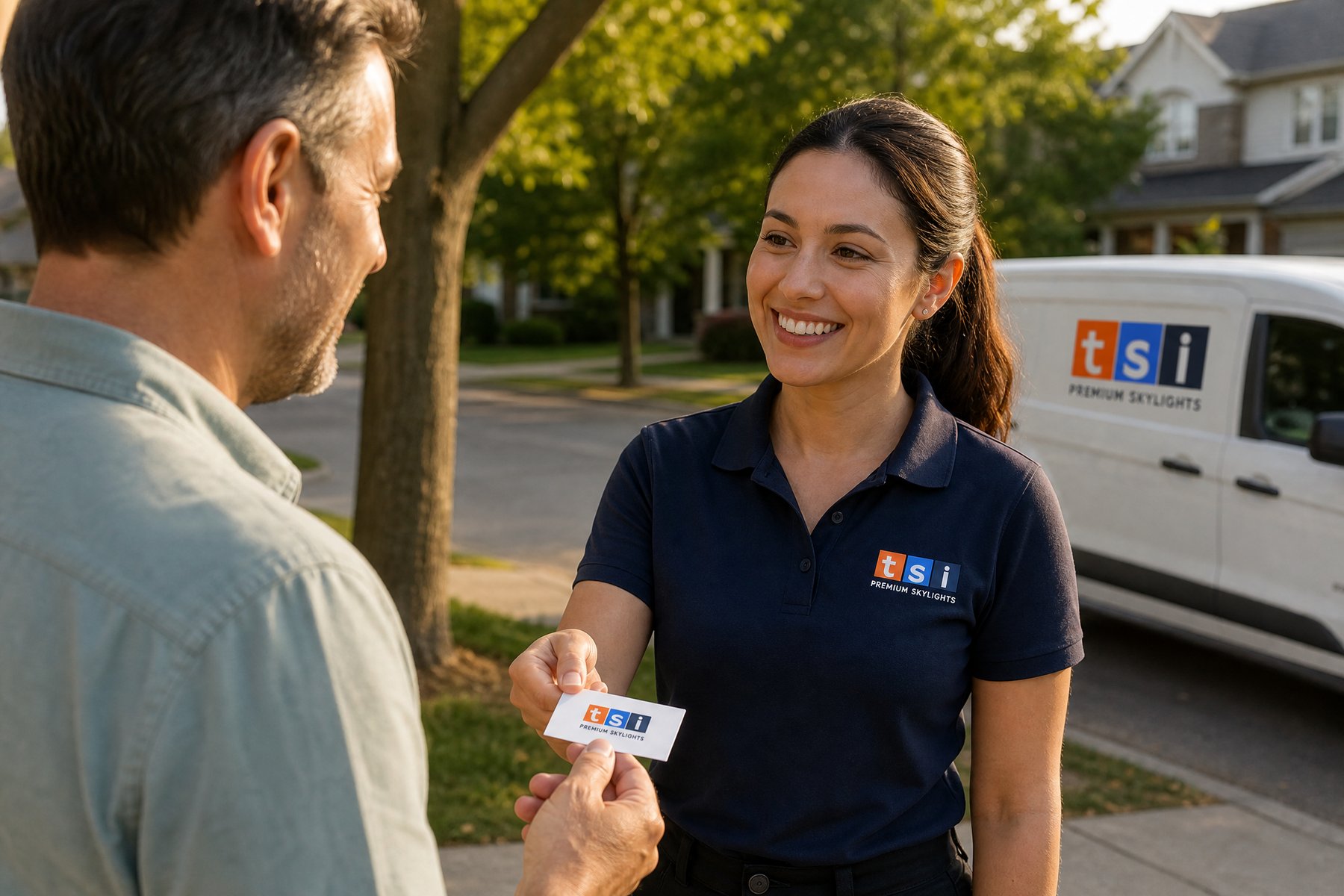Toronto-Skylight-Installers-skylight-repairs-replacement-October.30.2024-5 Friendly TSI team member connecting with a customer in Halton Region