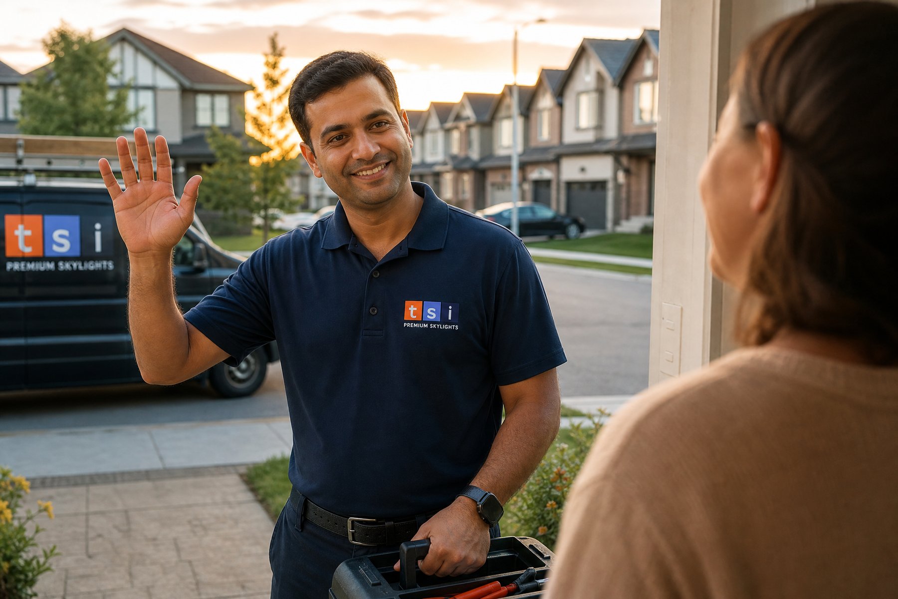 Toronto-Skylight-Installers-skylight-repairs-replacement-October.30.2024-5 Friendly TSI team member connecting with a customer in Durham Region