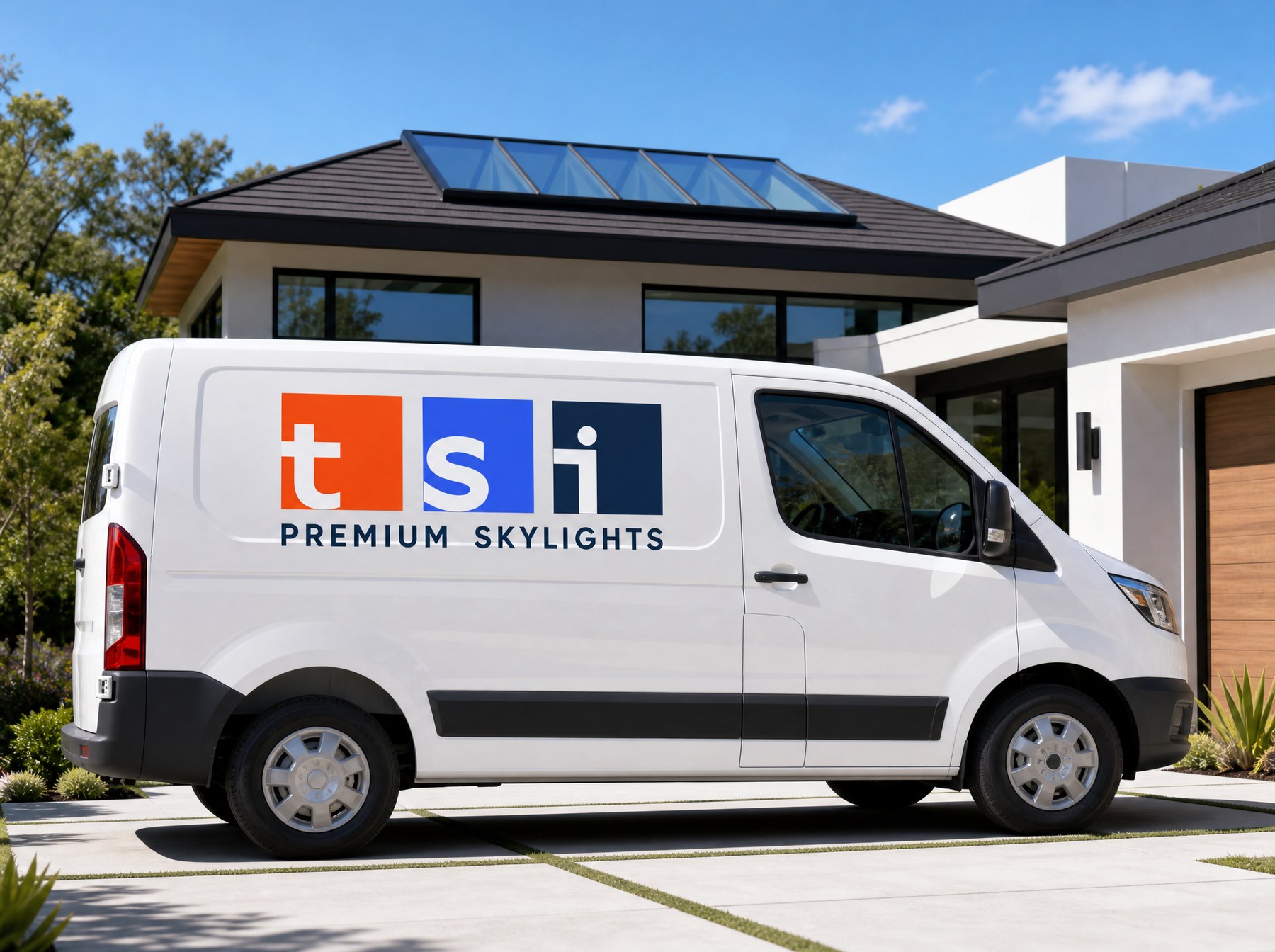 Close-up of the TSI Premium Skylights logo branded on a company service van door