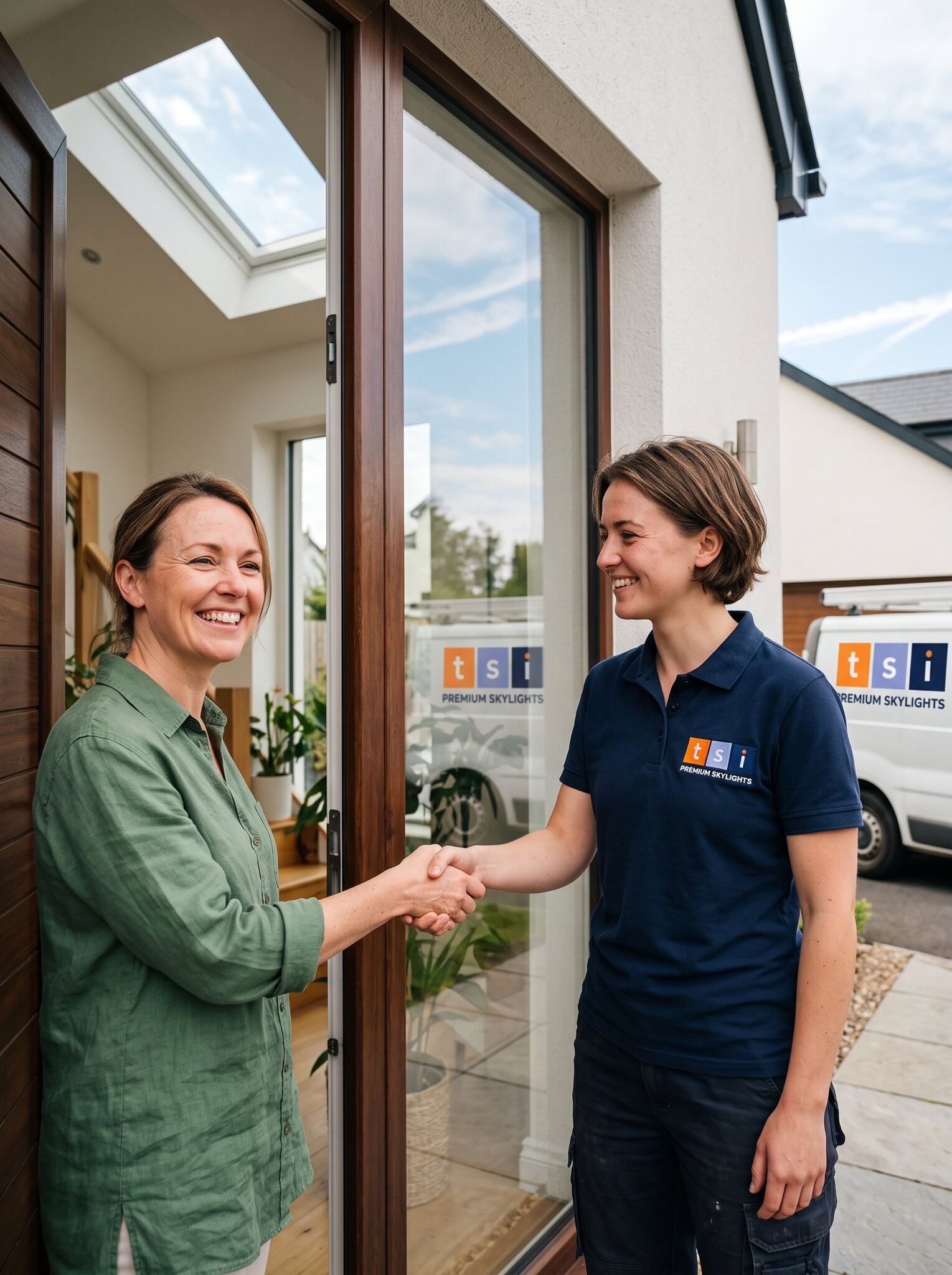 TSI installer in branded uniform greeting a happy customer at their Toronto home