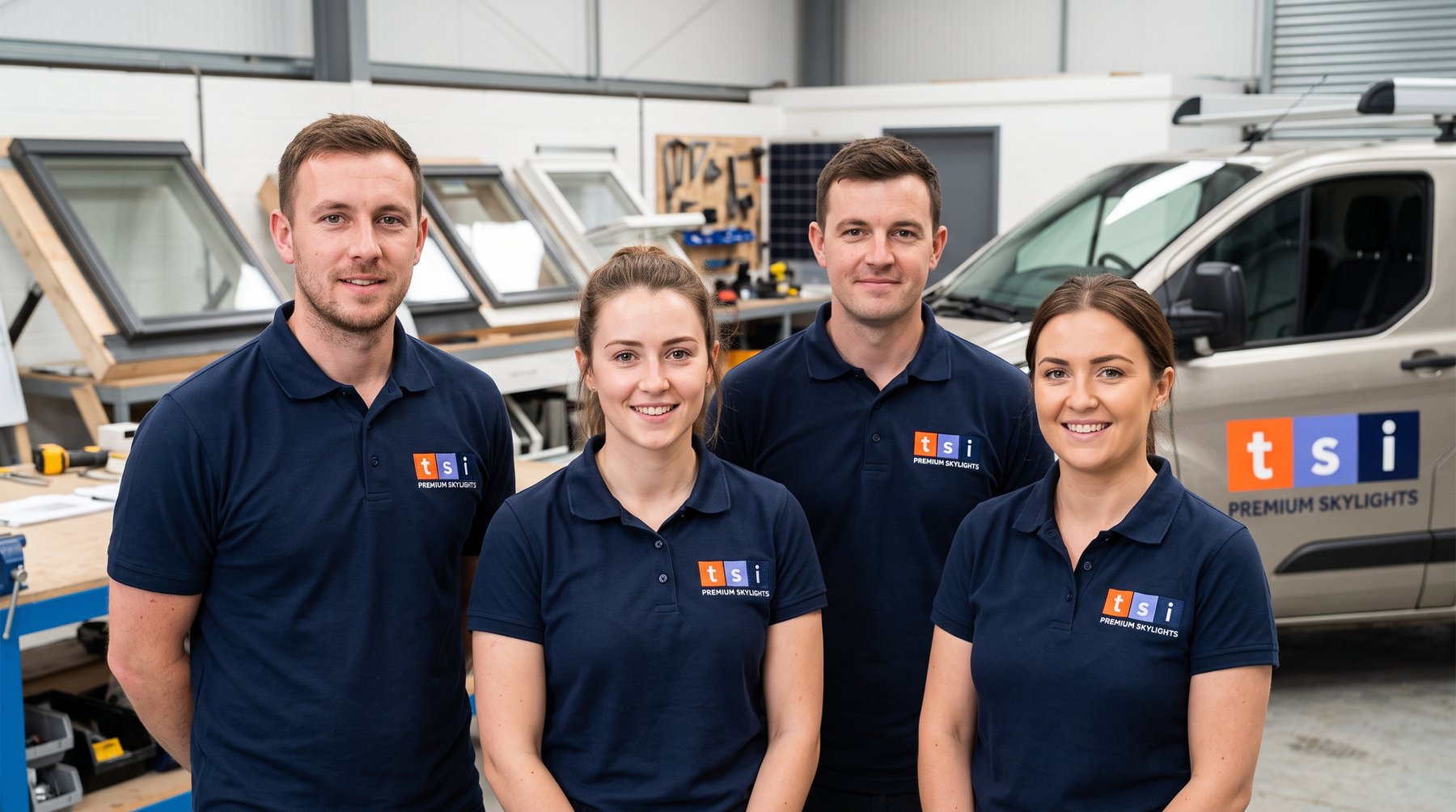 TSI branded skylight installation team and van, About Us page hero background