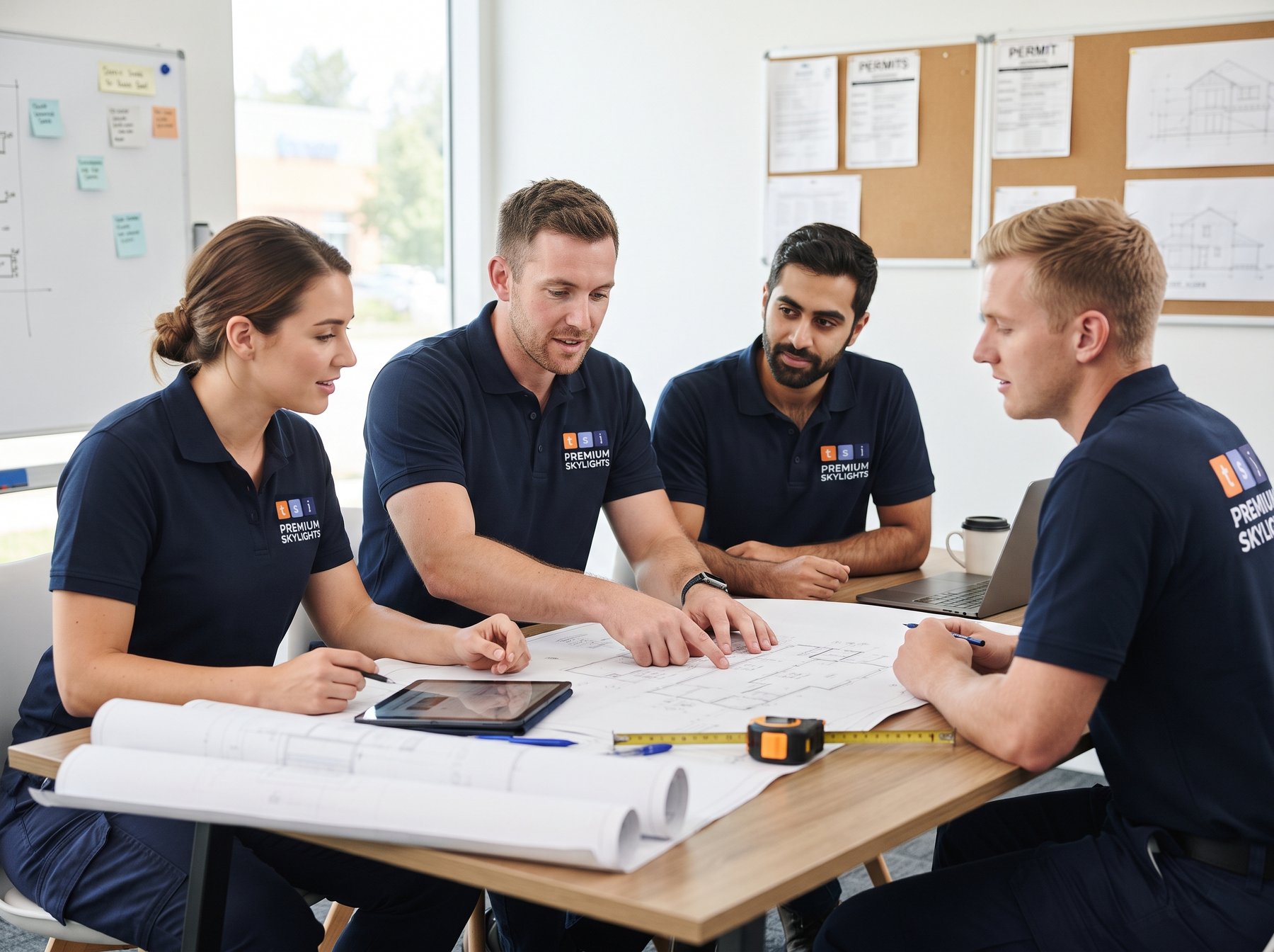 TSI team in branded uniforms reviewing skylight installation plans and permits