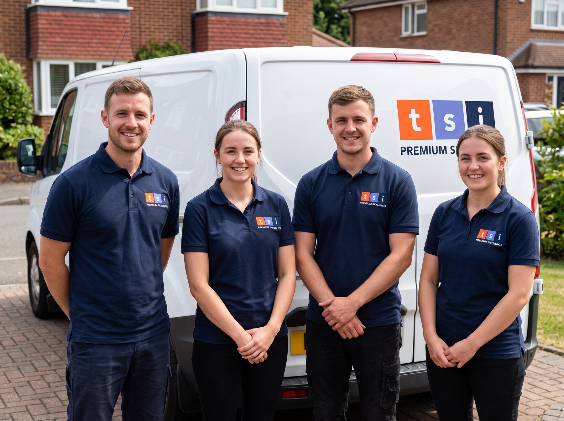 TSI skylight installation team in branded uniforms with company van in Toronto