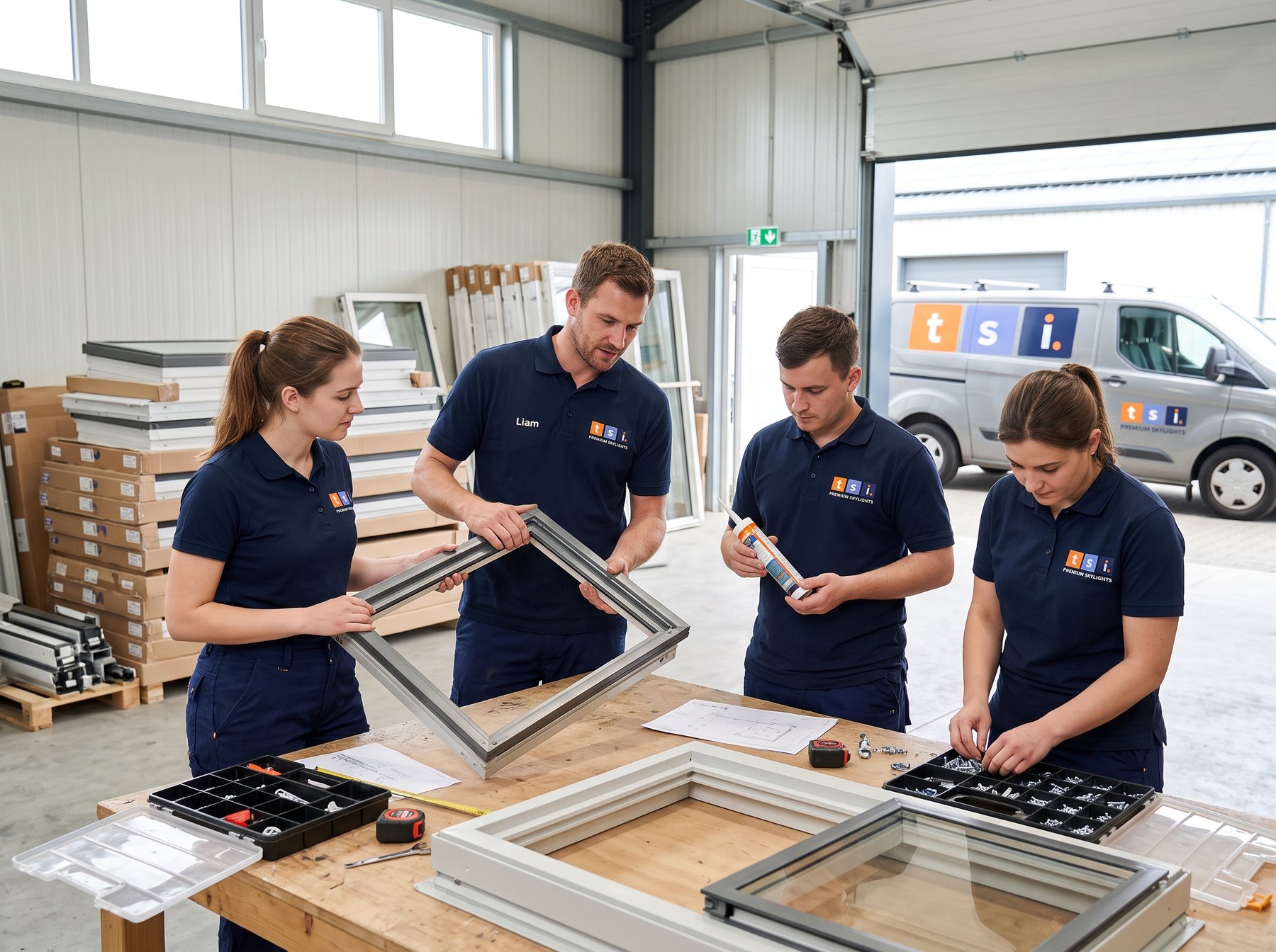 TSI installer in branded uniform working in the skylight fabrication workshop