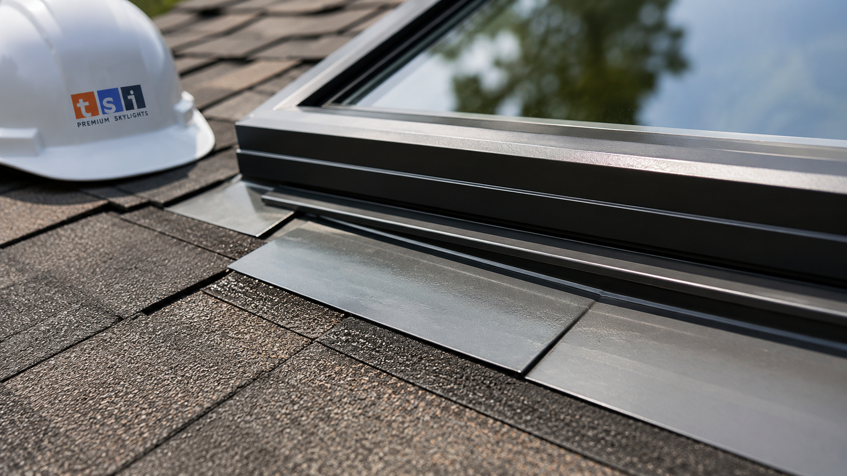 Close-up of laminated low-emissivity fixed skylight glass and layered aluminum flashing detail on a Toronto roof