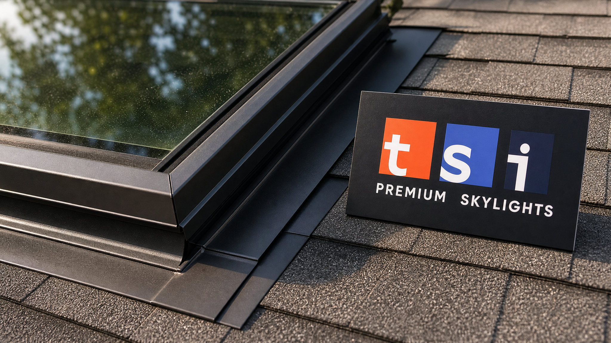 Close-up of laminated low-emissivity fixed skylight glass and layered aluminum flashing detail on a Toronto roof